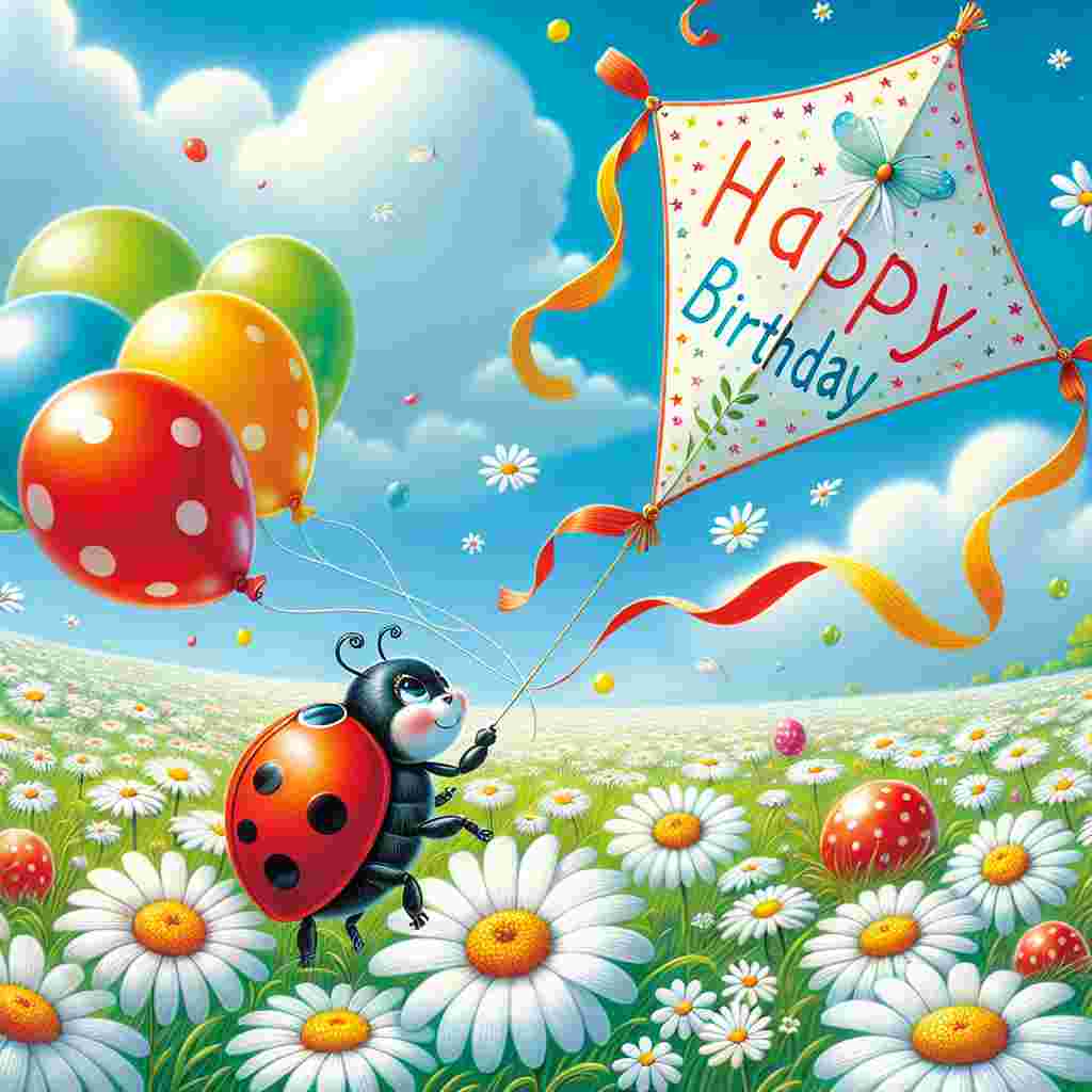 In this heartwarming birthday illustration, a cute ladybird is seen flying a kite that has the text 'Happy Birthday' playfully written on it. The ladybird soars above a field of daisies and balloons, bringing about a sense of joy and celebration in the serene blue sky.
Generated with these themes: ladybird  .
Made with ❤️ by AI.