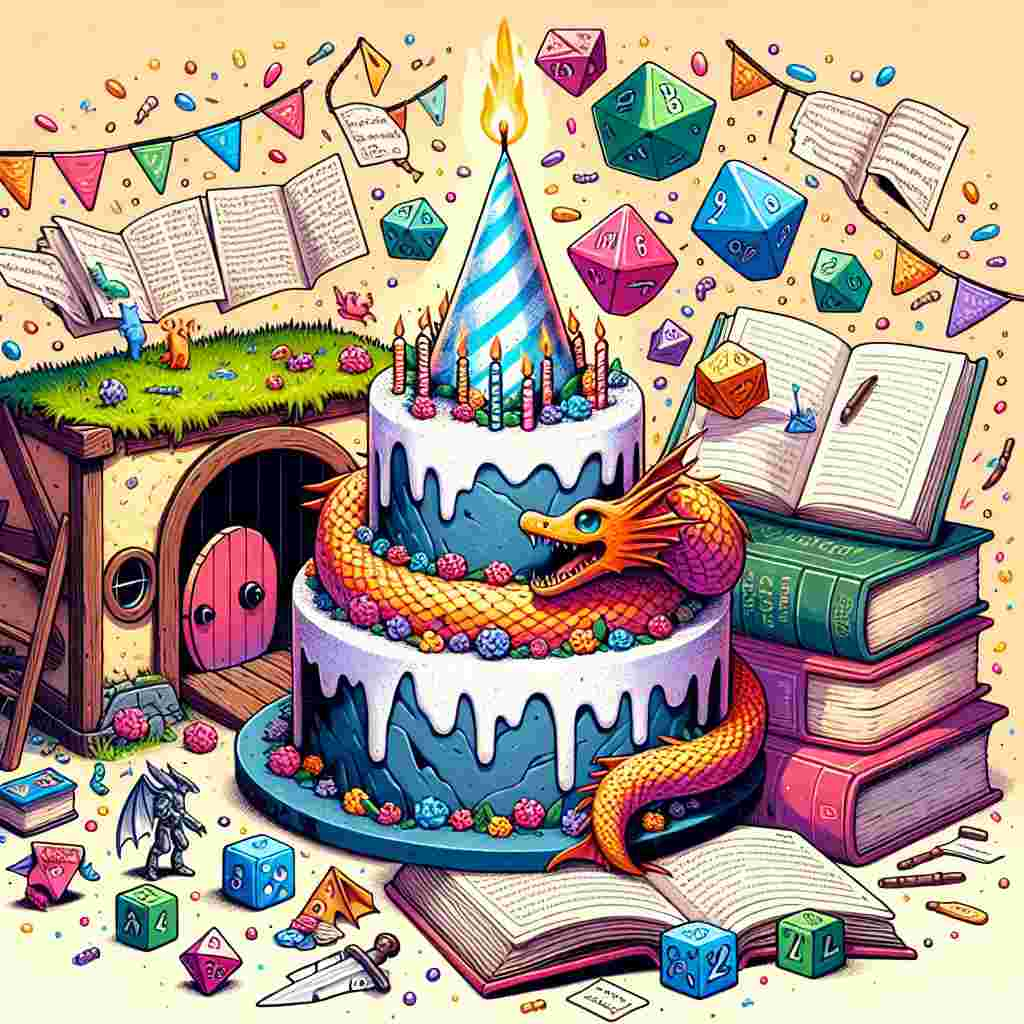 Create a vibrant and whimsical birthday illustration filled with warmth. The central feature is a cake, ingeniously shaped like a mountain from a fantasy novel, complimented by a playful mythical creature coiled around it. Tiny doors reminiscent of a hobbit's dwelling blend seamlessly into the cake's sides. Books, open to reveal pages filled with generic vibrant cartoonish characters serving as bookmarks, are scattered around the cake. Polyhedral dice, distinctive of a classic tabletop strategy game, seem ready for a play, resting atop the open book pages. Hovering above all is a quirky party hat, notable for its resemblance to a wizard's pointed cap.
Generated with these themes: Dragons, Lord of the Rings, Dungeons and Dragons, Books, and Anime.
Made with ❤️ by AI.