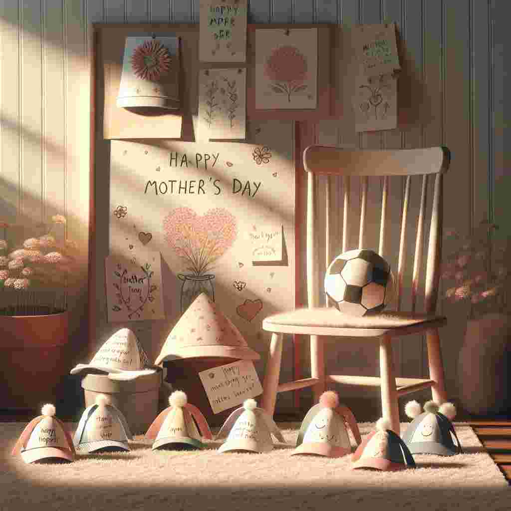 Create a charming Mother's Day themed illustration. The scene is centered around a cozy, sunlit corner of a home. A child-sized soccer ball is resting against a small wooden chair. Displayed on the chair are an array of handmade paper hats. Each hat is adorned with heartfelt messages and doodles in honor of Mother's Day. The ambiance is completed with the use of soft pastel colors and delicate flowers. This scene suggests warmth and appreciation for a mother's love without directly depicting a mother.
Generated with these themes: Soccer, and Hats.
Made with ❤️ by AI.