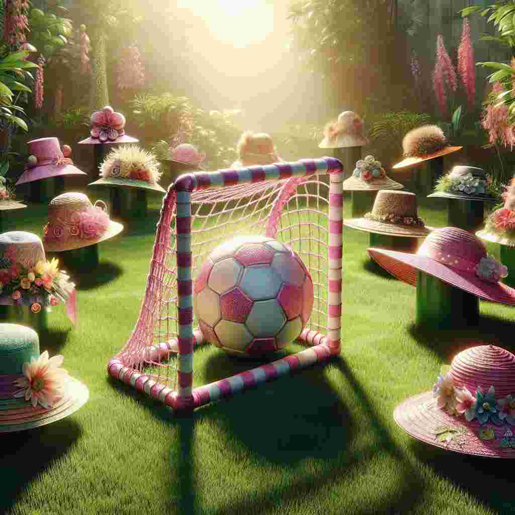 Imagine a vibrant image set in a lush, verdant backyard warmly lit by the gentle sunlight typical of a spring morning. Centrally placed is a miniature goalpost cradling a woven net, with a soccer ball styled in pink and white tones resting at its base. Surrounding the goalpost are a collection of lively hats in a variety of shapes and sizes. Each hat is embellished with adornments like ribbons, flowers, and artful illustrations that symbolize Mother's Day celebrations. The scene, though devoid of any direct portrayal of a mother, conveys a sense of playful fondness, encapsulating the spirit of the festive occasion.
Generated with these themes: Soccer, and Hats.
Made with ❤️ by AI.