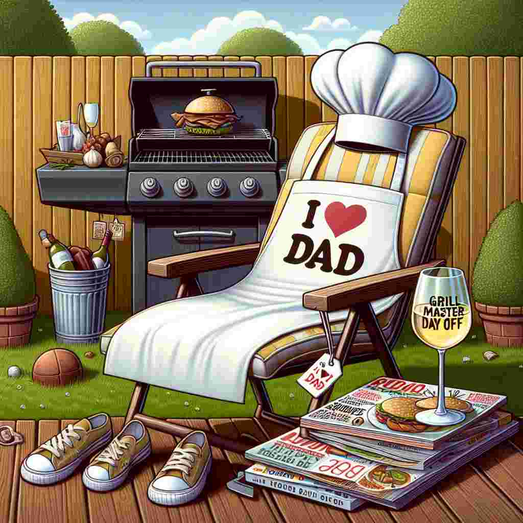 Create an illustration featuring a backyard filled with playful details that celebrates Father's Day. In the scene, a chef's hat and an apron reading 'I Love Dad' are draped over a lounging chair, symbolizing a day of relaxation. In the background, a barbecue grill sports a humorous chef's hat, complemented by a tag that says 'Grill Master's Day Off'. On a side table, a wine glass with '#1 Dad' subtly etched on its side is placed, surrounded by an assortment of culinary magazines. The scene is designed to depict a fun-filled break from fatherly duties, with all the components set for a day of relaxing, sipping wine, and a break from cooking.
Generated with these themes: Wine , Cooking , and Relaxing .
Made with ❤️ by AI.