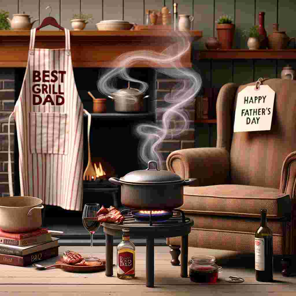 Imagine a cozy kitchen scene designed for Father's Day, complete with a touch of comedy. Prominently displayed is an apron hanging with the inscription 'Best Grill Dad', alluding to the apron's absent owner. A bottle of red wine shares the countertop space with a pot that's simmering, releasing aroma lines that whimsically arrange themselves to spell out 'Happy Father's Day'. Nearby, an overstuffed armchair is tagged with a 'Reserved for Dad' sign, sitting next to a stack of BBQ-related books. This scene wittily suggests a day of leisurely cooking, indulging in wine, and total relaxation for the king of the grill.
Generated with these themes: Wine , Cooking , and Relaxing .
Made with ❤️ by AI.