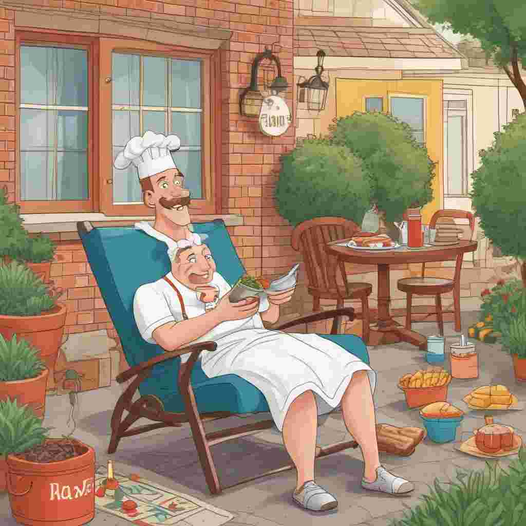 Illustration Funny, Create an illustration featuring a backyard filled with playful details that celebrates Father's Day. In the scene, a chef's hat and an apron reading 'I Love Dad' are draped over a lounging chair, symbolizing a day of relaxation. In the background, a barbecue grill sports a humorous chef's hat, complemented by a tag that says 'Grill Master's Day Off'. On a side table, a wine glass with '#1 Dad' subtly etched on its side is placed, surrounded by an assortment of culinary magazines. The scene is designed to depict a fun-filled break from fatherly duties, with all the components set for a day of relaxing, sipping wine, and a break from cooking.
Generated with these themes: Wine , Cooking , and Relaxing .
Made with ❤️ by AI.