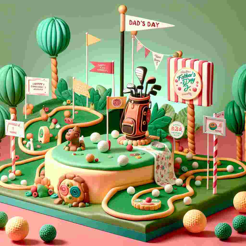 Create a vibrant image showcasing a fun-filled Father's Day celebration. The center of the scene is a mini golf setup, equipped with cartoon-like obstacles and a festive flag at the top exclaiming 'Dad's Day'. The main attraction is a whimsical cake, expertly crafted to resemble a golf bag, garnished with edible golf clubs, and decorated balls made from fondant. Each golf hole on the course is accentuated by a mini flag, each bearing charming messages for a father. The entire setup is wrapped by unusual, balloon-shaped trees, their leaves subtly rustling in an animated breeze.
Generated with these themes: Golf, and Cake .
Made with ❤️ by AI.