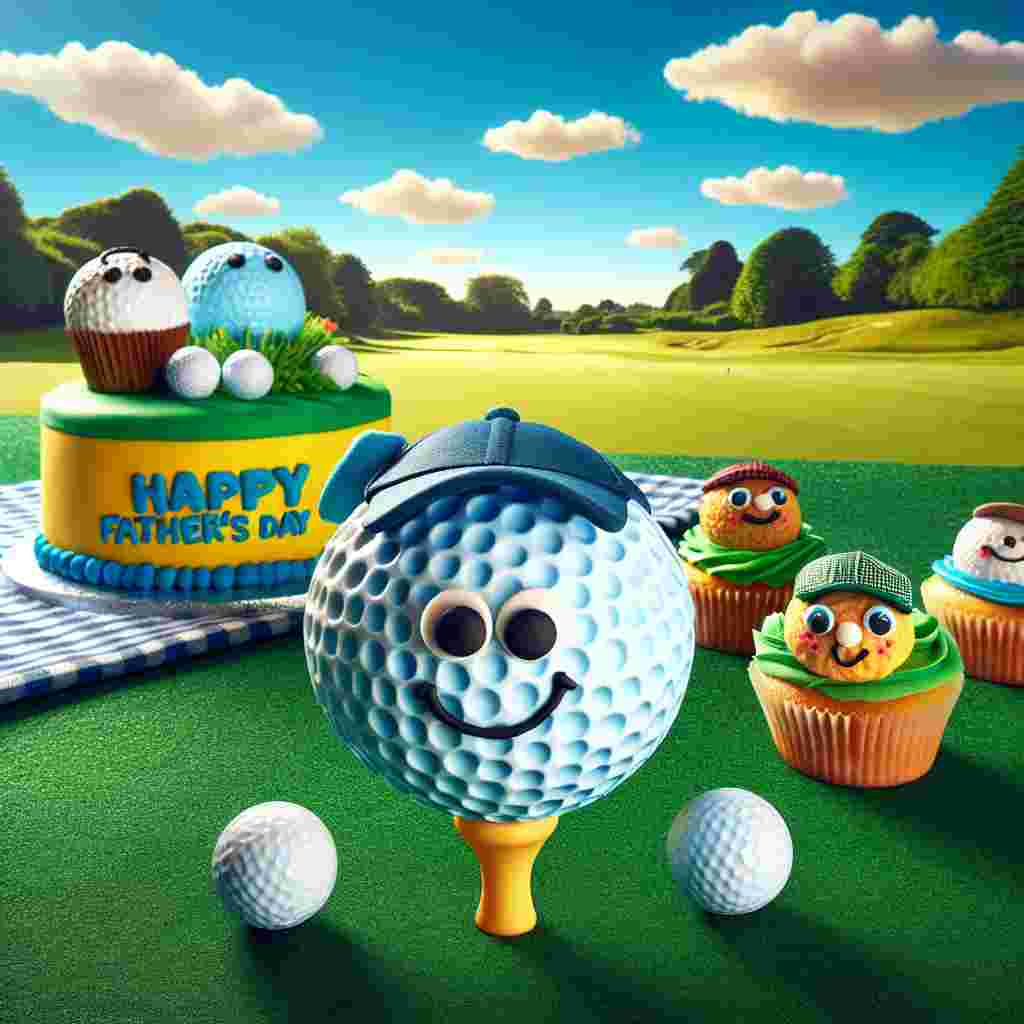 A vivid landscape displays a lush green golf course bathed under a bright azure sky that is dotted with fluffy white clouds. In the immediate focus, there's a golf ball with an amusing cartoon-style face drawn on it, sitting confidently on a tee, adding a jocular element to the Father's Day ambience. Just a little to the side, a picnic blanket is laid out on the neatly trimmed grass. Sitting front and center on the blanket is a vibrantly hued cake, adorned with 'Happy Father's Day' in bold icing letters. It is flanked by endearing animated cupcakes, each sporting a small golf cap.
Generated with these themes: Golf, and Cake .
Made with ❤️ by AI.