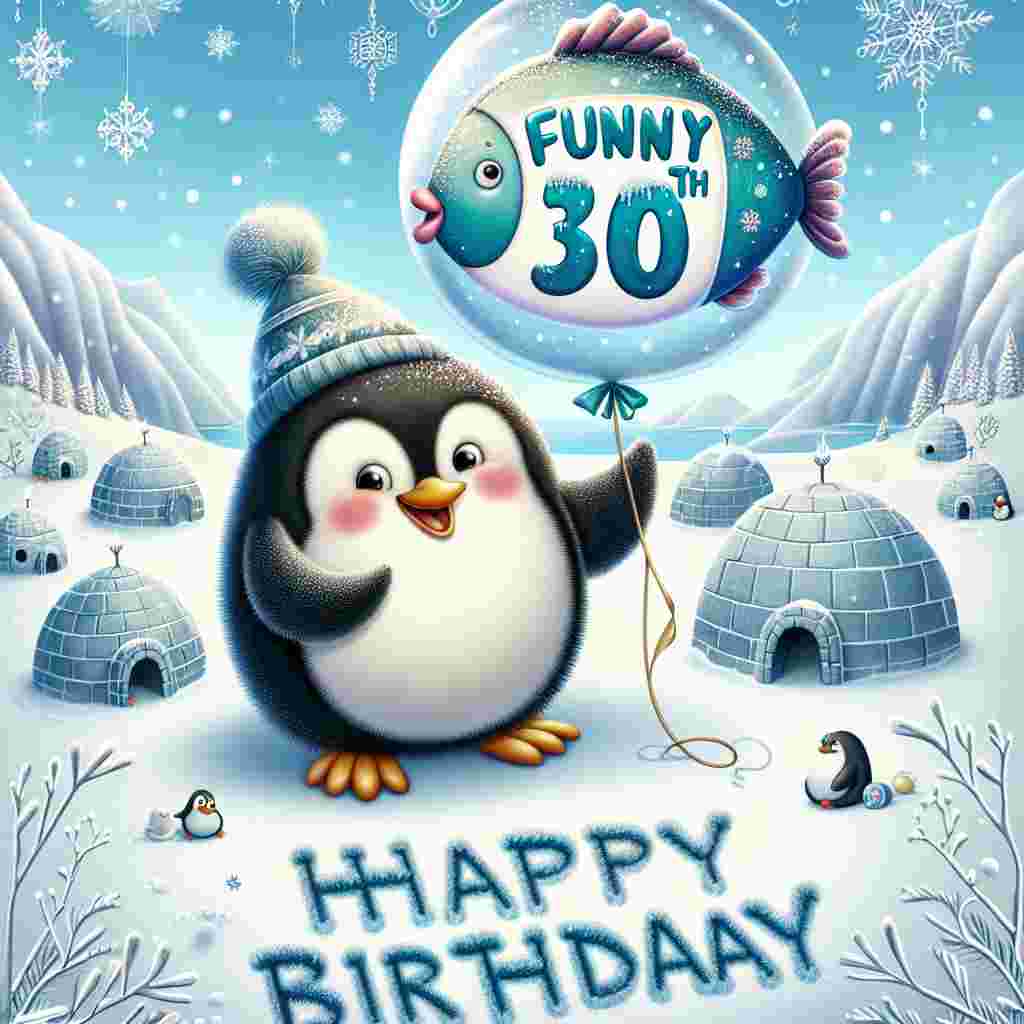 A charming illustration of a pudgy penguin holding a large 'funny 30th' fish-shaped balloon. The icy background is festooned with igloos and snowflakes, with 'Happy Birthday' etched into the snow below.
Generated with these themes: funny 30th  .
Made with ❤️ by AI.