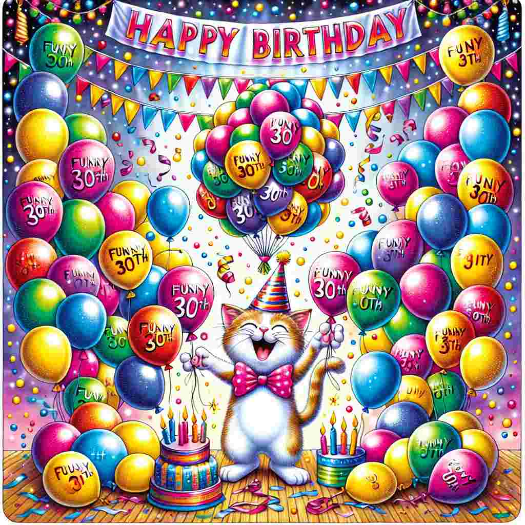 A whimsical illustration featuring a cartoon cat wearing a party hat, juggling colorful balloons that have 'funny 30th' printed on them. A banner drapes across the top with the text 'Happy Birthday', amidst a shower of confetti.
Generated with these themes: funny 30th  .
Made with ❤️ by AI.