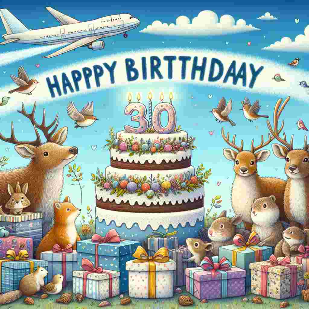An adorable scene with a group of woodland creatures gathered around a cake topped with 'funny 30th' candles, surrounded by wrapped gifts. Overhead, the words 'Happy Birthday' are written in the sky by a plane's smoke trail.
Generated with these themes: funny 30th  .
Made with ❤️ by AI.