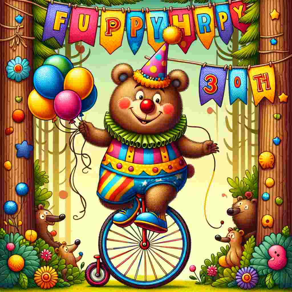 A delightful drawing of a bear in a clown costume riding a unicycle, a 'funny 30th' banner flapping from the handlebars. The cheerful forest scene is bordered by the bold letters of 'Happy Birthday' hanging from the trees.
Generated with these themes: funny 30th  .
Made with ❤️ by AI.