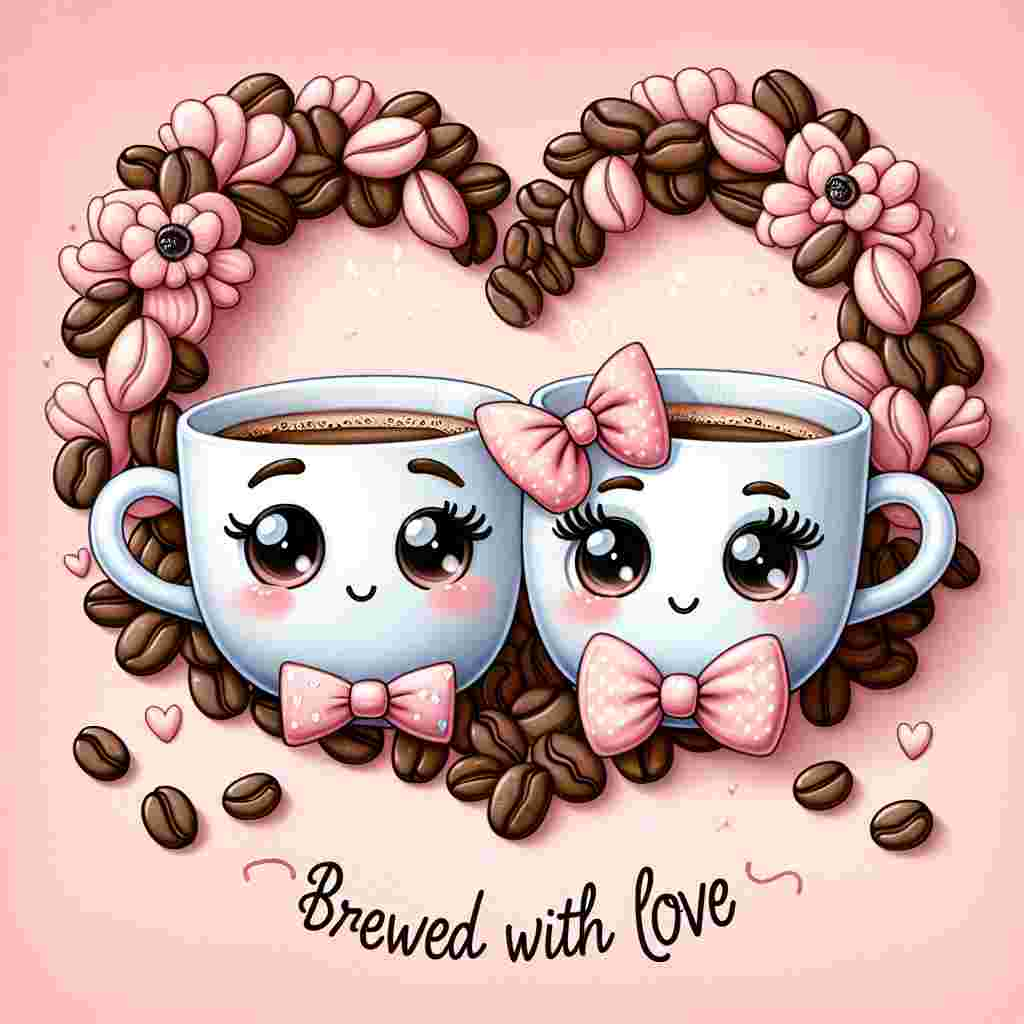 Create an image of a whimsical scene which features two charming cartoon-style coffee mugs against a pastel pink backdrop. One of the mugs is embellished with a stylish bow tie, while the other is adorned with an adorable bow. Both mugs have blushing cheeks and eyelashes that add to their charm. A wreath composed of coffee beans, formed into the shape of a heart, engulfs the mugs. The phrase 'Brewed with Love' is inscribed tastefully beneath the scene, capturing the sentiment of Valentine's Day.
Generated with these themes: Coffee.
Made with ❤️ by AI.