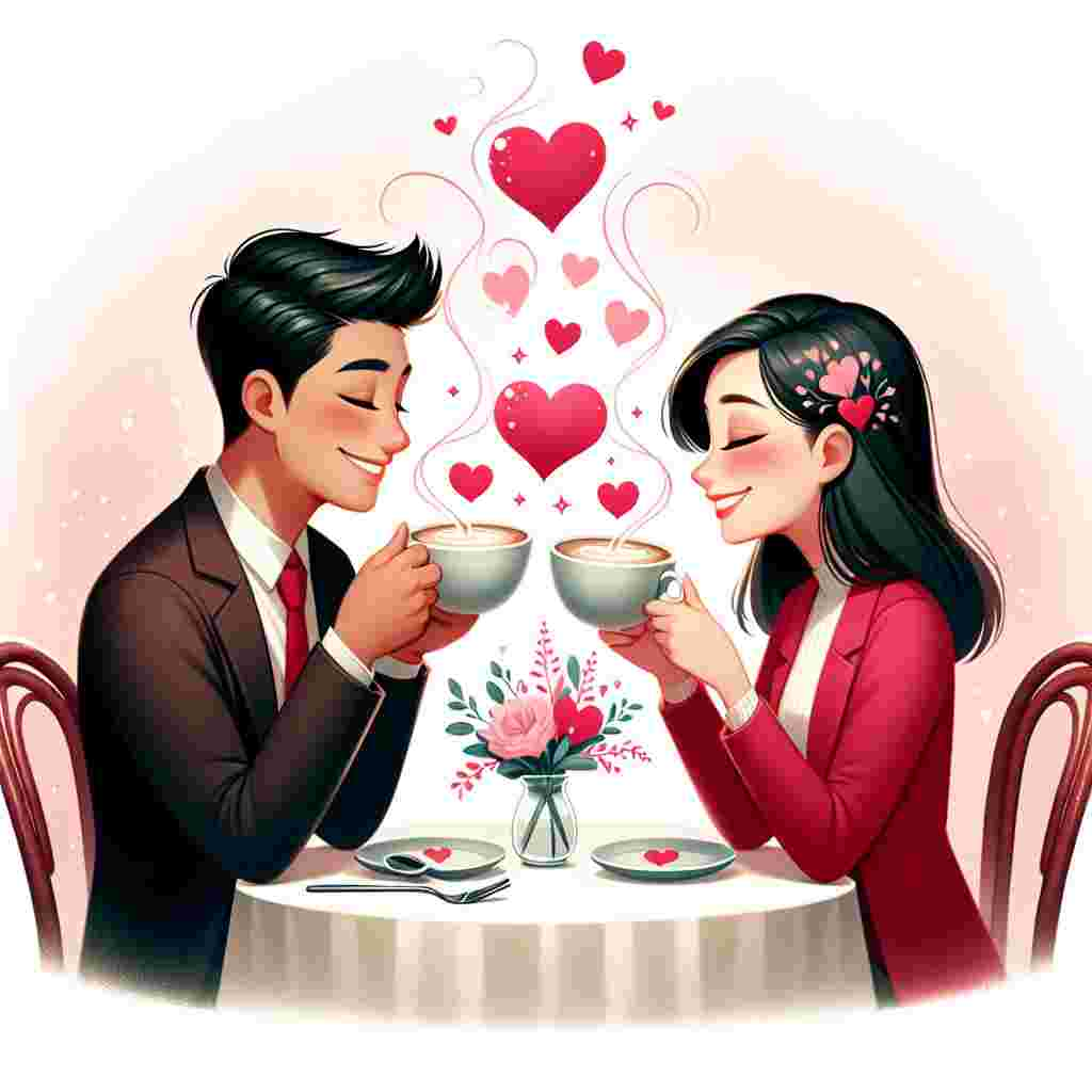 Engaging illustration of an East Asian man and a Hispanic woman representing a romantic couple on Valentine's Day. They are seated at an intimate bistro table, hands lovingly intertwined, while they sip from two steaming cups of coffee. The affectionate glow from the cups bathes their grinning visages. Tender hearts waft upwards from the coffee's fragrant steam, merging into a backdrop brimming with gentle shades of pink and red.
Generated with these themes: Coffee.
Made with ❤️ by AI.