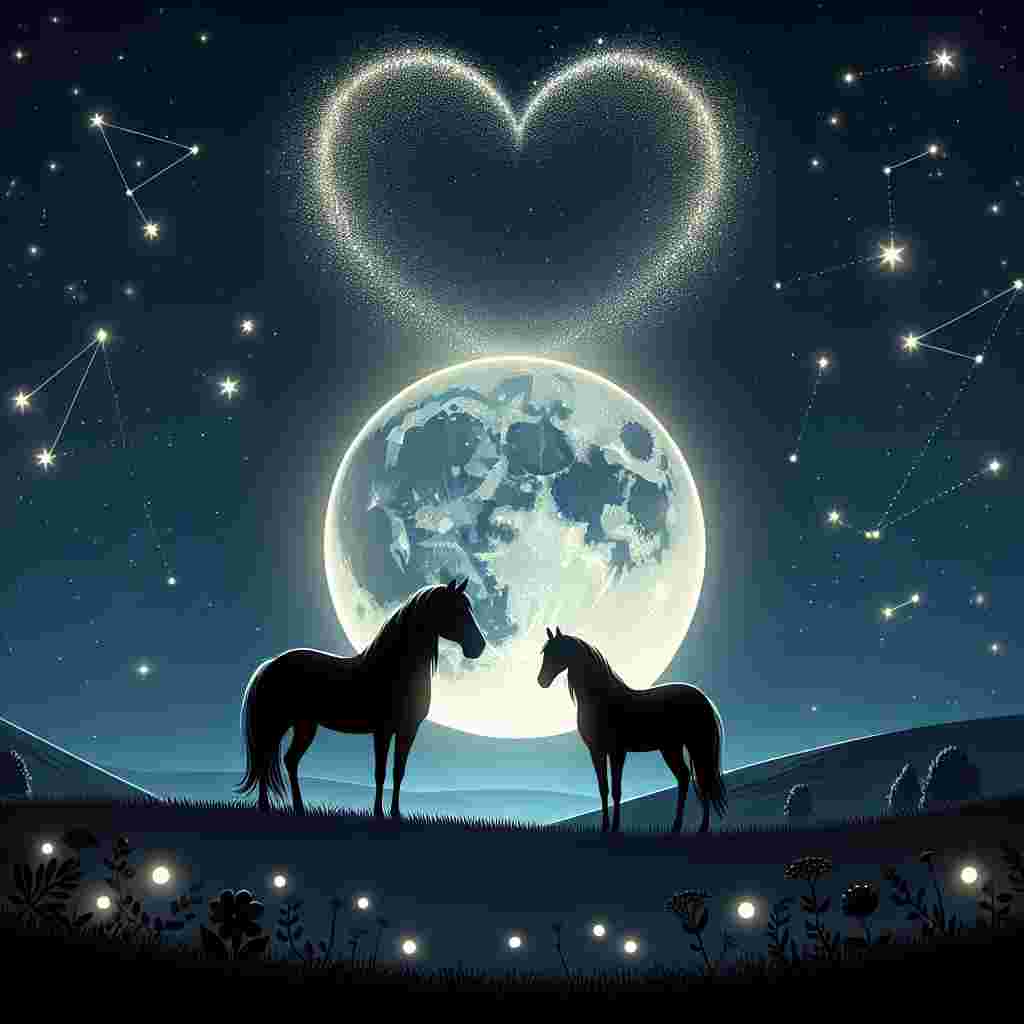 Create an image that showcases a serene and moonlit scene. The foreground should feature two horses silhouetted against the moonlight, standing on a gentle hill under a sky filled with stars. The background should highlight a large, luminous moon shaped like a heart, which casts a soft glow on the landscape. Stars in the sky should form random heart-shaped constellations. Each horse should be adorned with a simple garland of wildflowers. The overall night scene should have subtle details of fireflies glimmering, enhancing the enchantment of this Valentine-themed illustration.
Generated with these themes: Horse.
Made with ❤️ by AI.