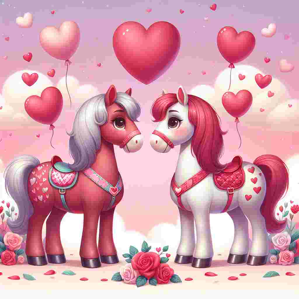 Create a charming illustration capturing the essence of Valentine's Day through a whimsical scene. The scene features two cartoonish horses standing nose to nose, their heads and necks forming the shape of a heart. The horses are set against a backdrop of a pastel pink sky filled with smaller hearts. These horses are adorned with vibrant red and pink saddles covered in heart patterns. Completing the scene are scattered rose petals and floating red and white balloons, creating a romantic ambiance.
Generated with these themes: Horse.
Made with ❤️ by AI.