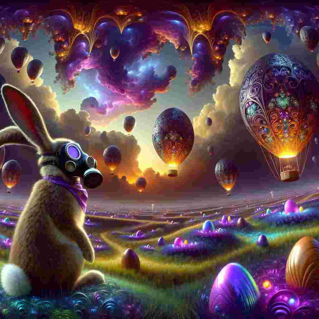 This Easter-themed surrealist image represents a unique scene where a Easter rabbit, wearing a gas mask, surveys a landscape full of egg-shaped hot air balloons. The heavens above are painted with swirling shades of purple and blue, with clouds forming fanciful shapes. Below, an iridescent grass field houses mysterious glowing chocolate eggs. Abstract shapes and fractal patterns are interwoven flawlessly with the natural elements, providing an impression of an entirely different world. Masked woodland creatures accompany the rabbit in the celebration of a reinterpreted Easter.
Generated with these themes: Easter bunny in a gas mask.
Made with ❤️ by AI.