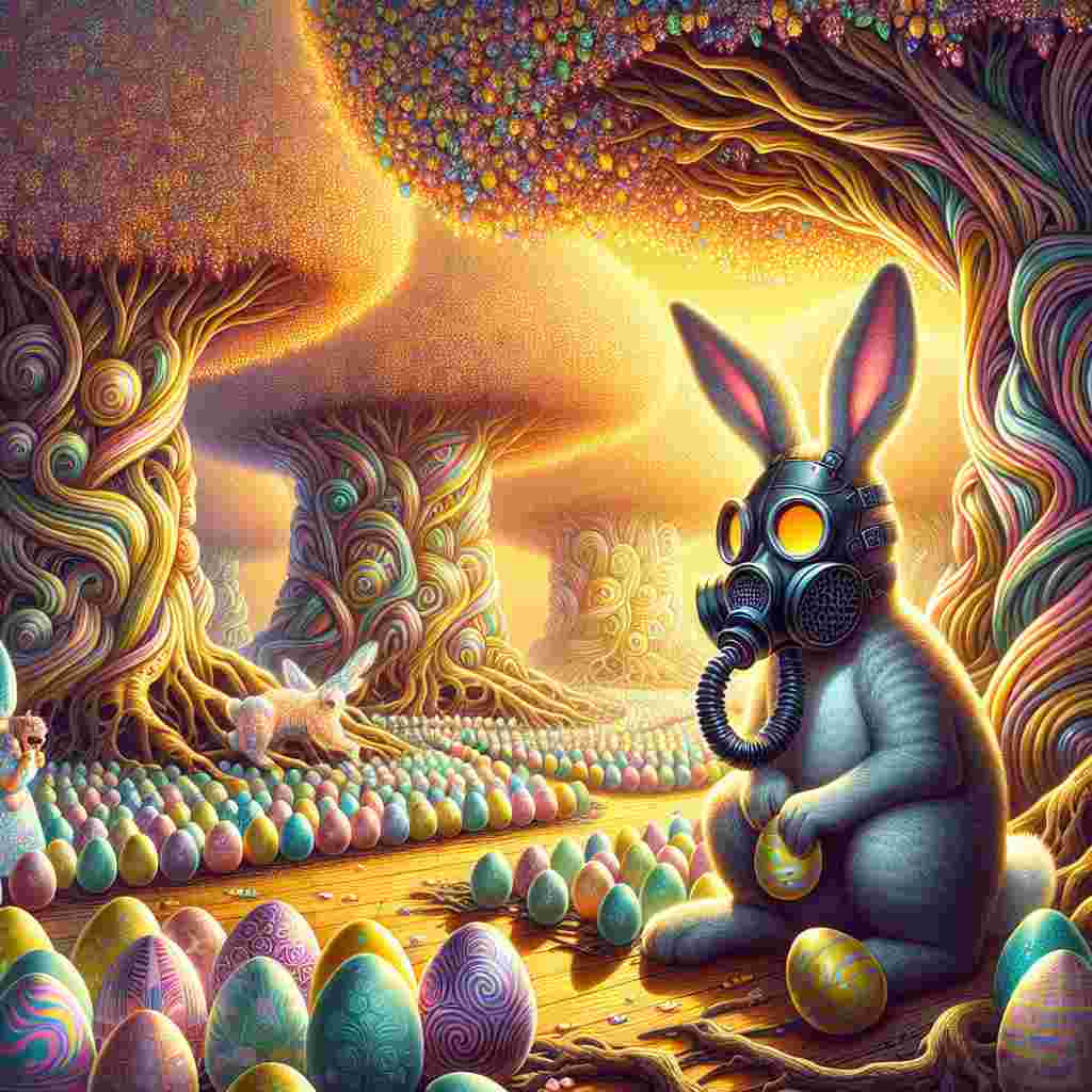 Illustration in a surrealistic style featuring an Easter-themed scene. At the center is an Easter bunny wearing a sharp contrast, industrial gas mask, creating an unusual and striking juxtaposition against the backdrop of a cheerful Easter egg hunt. The ground is strewn with eggs donning vibrant pastel shades, exhibiting patterns that contort and whirl in unimaginable ways. The sugar-tinted trees stand out with their gnarled trunks and leaves fabricated from gleaming foil which amplify the dreamlike ambience surrounding them. Luminescent, fantastical creatures, partially concealed among the tree roots, seem to be observing the scene with a sense of curiosity.
Generated with these themes: Easter bunny in a gas mask.
Made with ❤️ by AI.