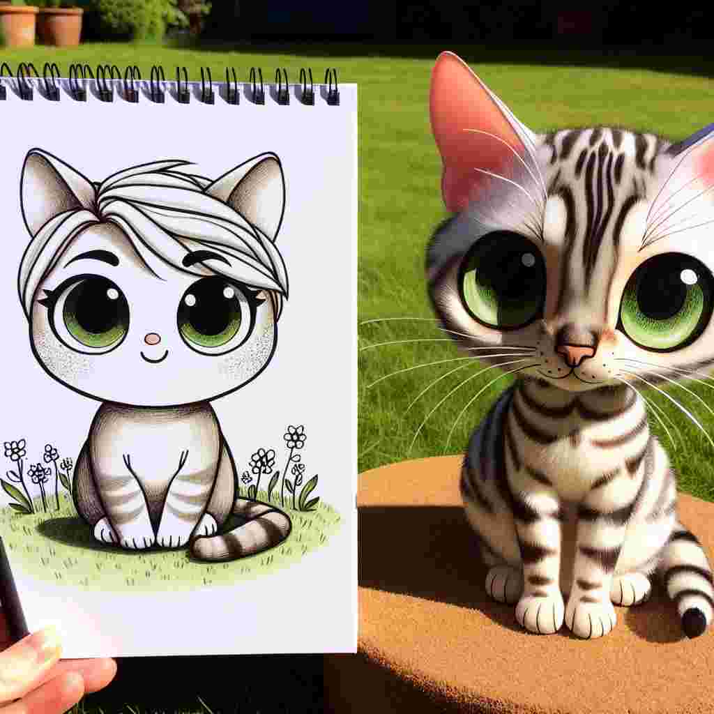 Create a playful cartoon scene with a whimsically drawn character of unspecified descent and gender, sitting on a sunny patch of soft grass. They are sharing the area with an adult Bengal cat. The Bengal cat displays a silver tabby coat that glimmers in the sunlight, perfectly contrasting with its striking green eyes. The cat has a dignified, yet normal build, and it gazes with curiosity upon its whimsically drawn companion.
.
Made with ❤️ by AI.
