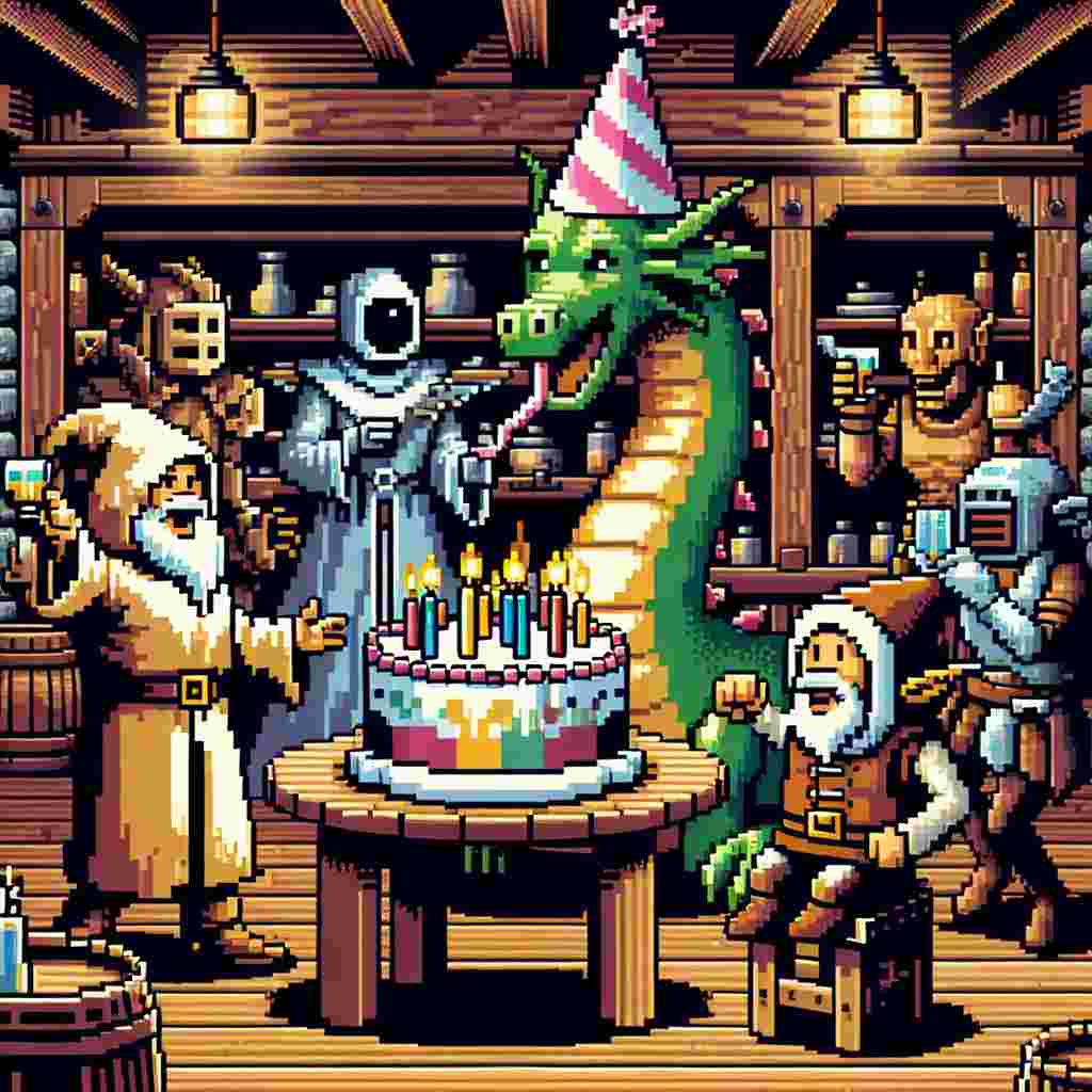 Imagine a whimsical birthday scene set in a fantasy-style tavern. Occupying the center of the scene is a jovial dragon, complete with a party hat, blowing out candles on a cake shaped like a treasure chest. Surrounding the table, a robed figure, reminiscent of a space-traveling mystic, is engaged in friendly discourse with an elf character. To further enliven the atmosphere, characters evoking a sense of nostalgia for early pixelated video game heroes can be seen in the background embroiling in a spirited dance-off. Their actions retained the charm of the arcade era, their moves just as blocky as their pixel origins.
Generated with these themes: Dungeons & dragons, Star wars, and Video games.
Made with ❤️ by AI.