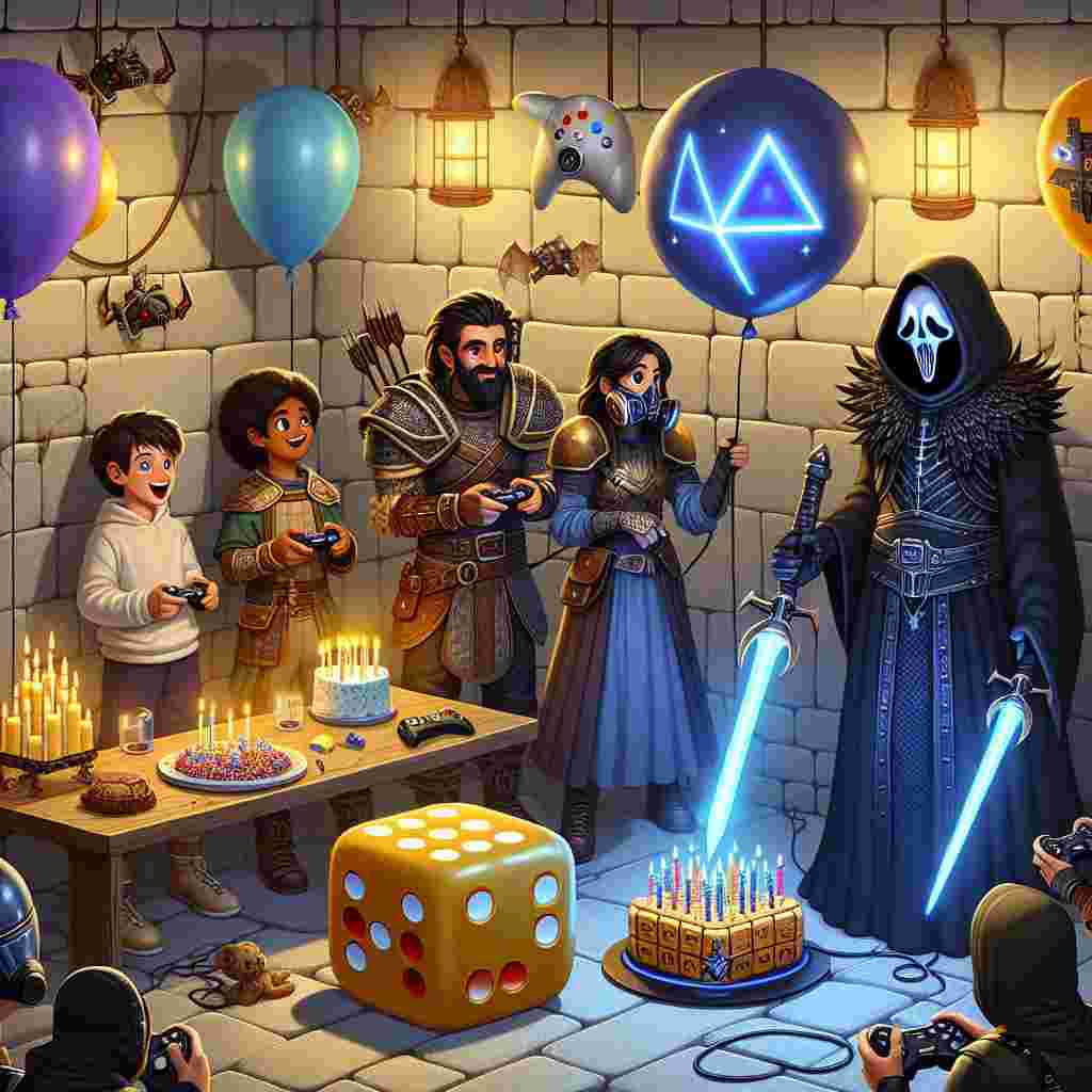 Depict a delightful birthday celebration taking place in a setting that combines the themes of fantasy adventures, space sagas, and video gaming. The scene is set within a confinement that has a distinct dungeon feel. A diverse group of explorers, including a male Caucasian warrior and a female Hispanic sorcerer in fantasy attire along with a character cloaked in black with an ominous breathing mask, stand around a gaming device, engaged in a digital multiplayer game. Controllers are clearly visible in their hands. Above them, a variety of balloons hover, one of which takes the form of a 20-sided dice. Suspended in one corner is a sweet treat decorated in pixelated figures, crowned with a glowing stick that emits a blue glow, reminiscent of a classical space saga weapon.
Generated with these themes: Dungeons & dragons, Star wars, and Video games.
Made with ❤️ by AI.