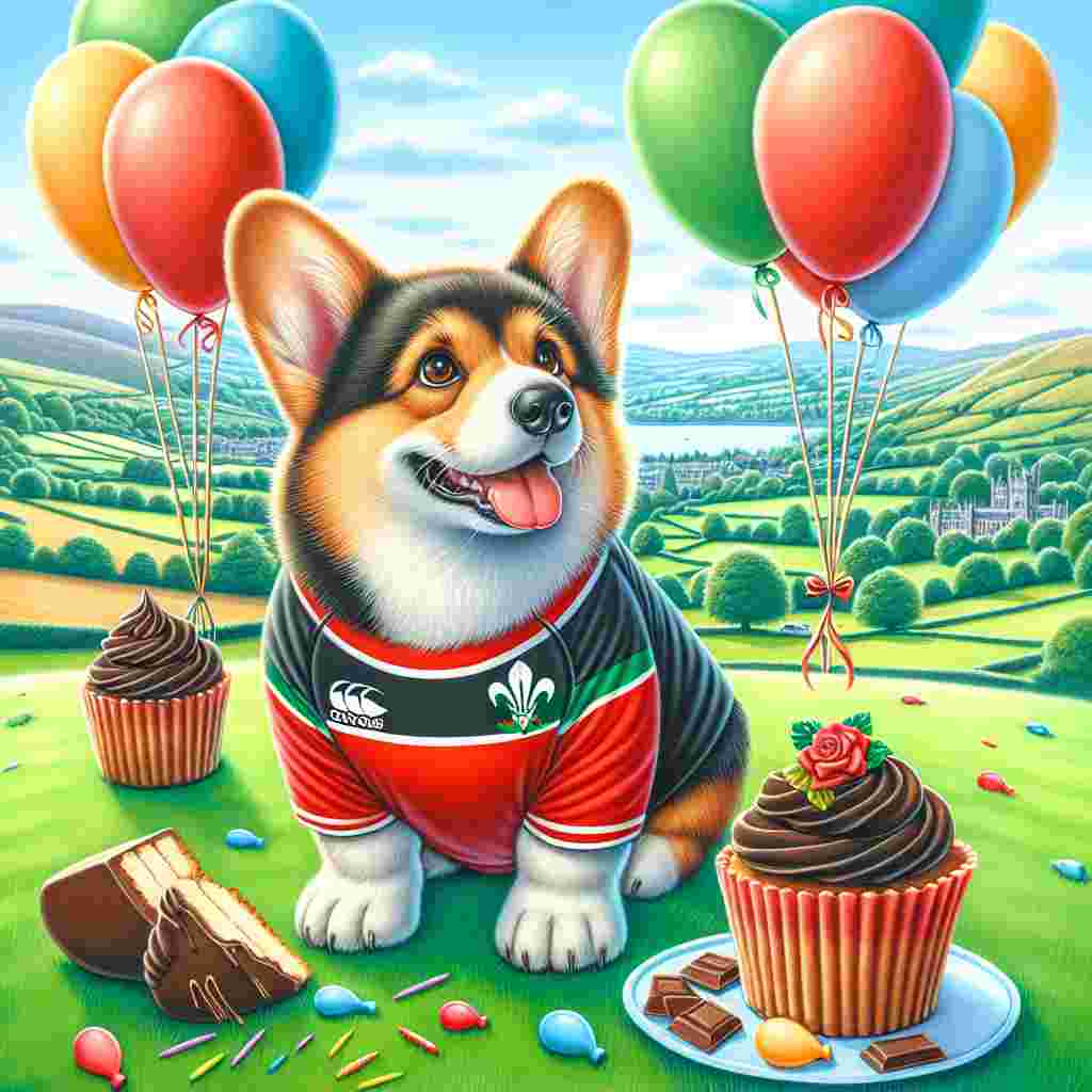 An endearing birthday-themed illustration showcasing a joyful Welsh Corgi dressed in a rugby jersey. The Corgi is surrounded by an array of colourful balloons and a large heap of chocolate cupcakes. The setting is the verdant countryside of Wales, filled with rolling green fields and picturesque scenery.
Generated with these themes: Welsh, Rugby, and Chocolate .
Made with ❤️ by AI.