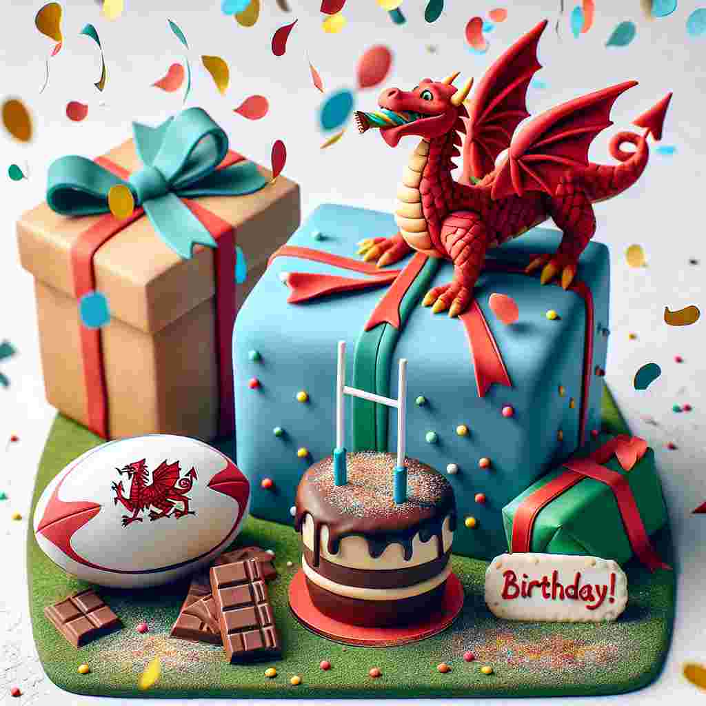 Create an image showing a charming birthday scene. The elements within the scene include a rugby ball that's been creatively wrapped as a present, a Welsh dragon portrayed in a playful manner as it holds a chocolate bar, and vibrant confetti falling around a birthday cake. The cake itself stands out with its unique decoration - a small rugby goalpost that's been placed right on the top.
Generated with these themes: Welsh, Rugby, and Chocolate .
Made with ❤️ by AI.