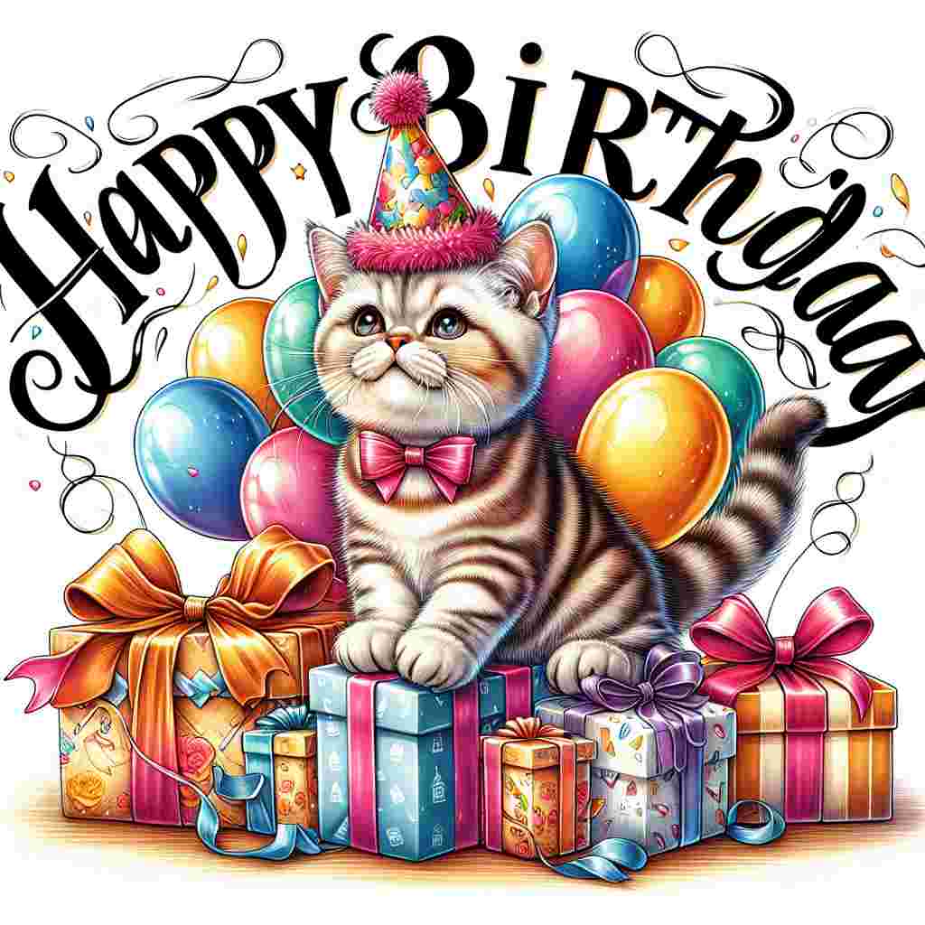 A charming illustration featuring an American Shorthair cat wearing a colorful birthday hat and perched atop a pile of festively wrapped presents. The cat's innocent eyes sparkle with joy as it playfully bats at floating balloons. 'Happy Birthday' is elegantly scripted in bold letters, draped across the top of the scene like a banner.
Generated with these themes: American Shorthair Birthday Cards.
Made with ❤️ by AI.