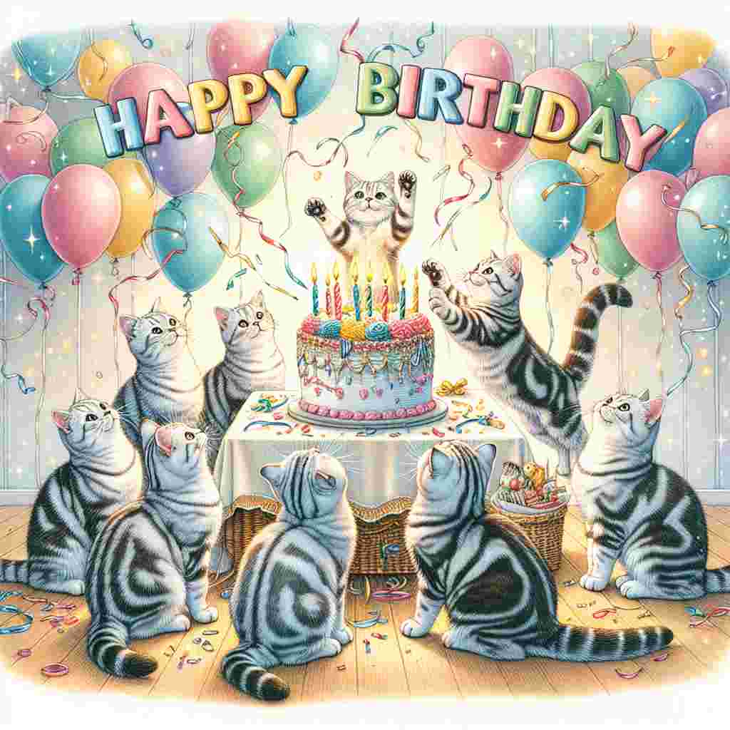 A group of American Shorthair cats surround a birthday cake adorned with candles on a table, their tails entwined with colorful ribbons. One cat playfully leaps to swat at dangling strings of paper decorations. Above the festive display, the text 'Happy Birthday' stands out in a playful, hand-lettered style against a backdrop of softly floating balloons and sparkles.
Generated with these themes: American Shorthair Birthday Cards.
Made with ❤️ by AI.