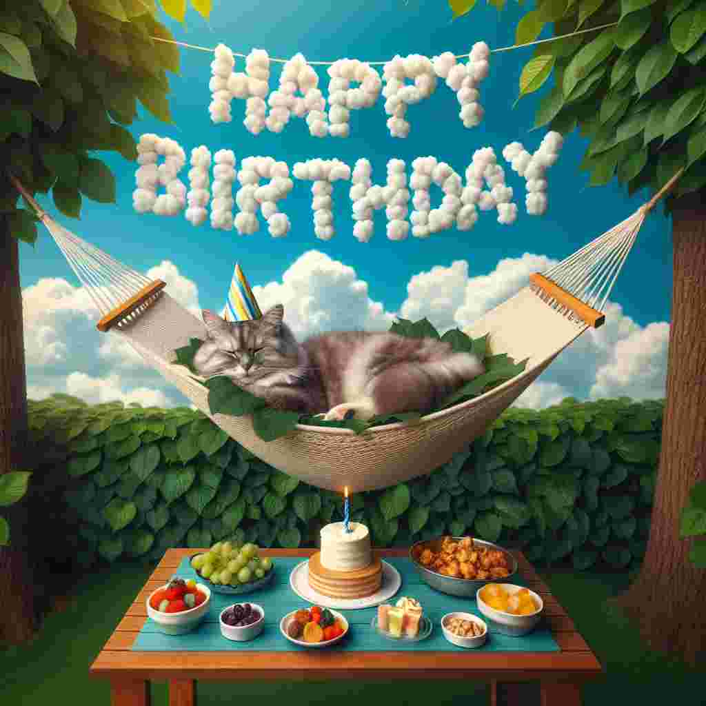 An illustration of a serene garden party where an American Shorthair cat lies comfortably in a hammock strung between two trees, a party hat slightly askew. Nearby, a table is set with a small birthday cake and dishes of treats. 'Happy Birthday' is spelled out in the sky with clouds, complementing the peaceful vibe of the scene.
Generated with these themes: American Shorthair Birthday Cards.
Made with ❤️ by AI.