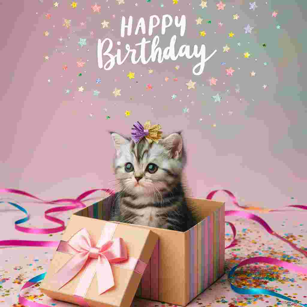 The scene captures an American Shorthair kitten nestled in an open gift box, surrounded by confetti and streamers. The kitty's fur is adorned with a tiny bow, and a curious expression graces its face. Overhead, 'Happy Birthday' is written in a whimsical, bubbly font, surrounded by a scatter of stars.
Generated with these themes: American Shorthair Birthday Cards.
Made with ❤️ by AI.