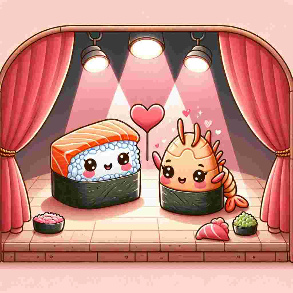 Create a Valentine's Day themed illustration. Imagine a cozy, heart-decorated theater hosting a playful reenactment of a classic love story. The lead characters are an adorably designed piece of salmon nigiri and a shy shrimp tempura, both stylized with kawaii features. These sushi items perform onstage, under soft pink spotlights that highlight their charm. Other sushi rolls and playful wasabi props contribute to the whimsicality of the stage production, adding a touch of drama club charm. This scene is not just a romantic representation but also a humorous and whimsical stage production.
Generated with these themes: Kawaii food, and Drama club.
Made with ❤️ by AI.