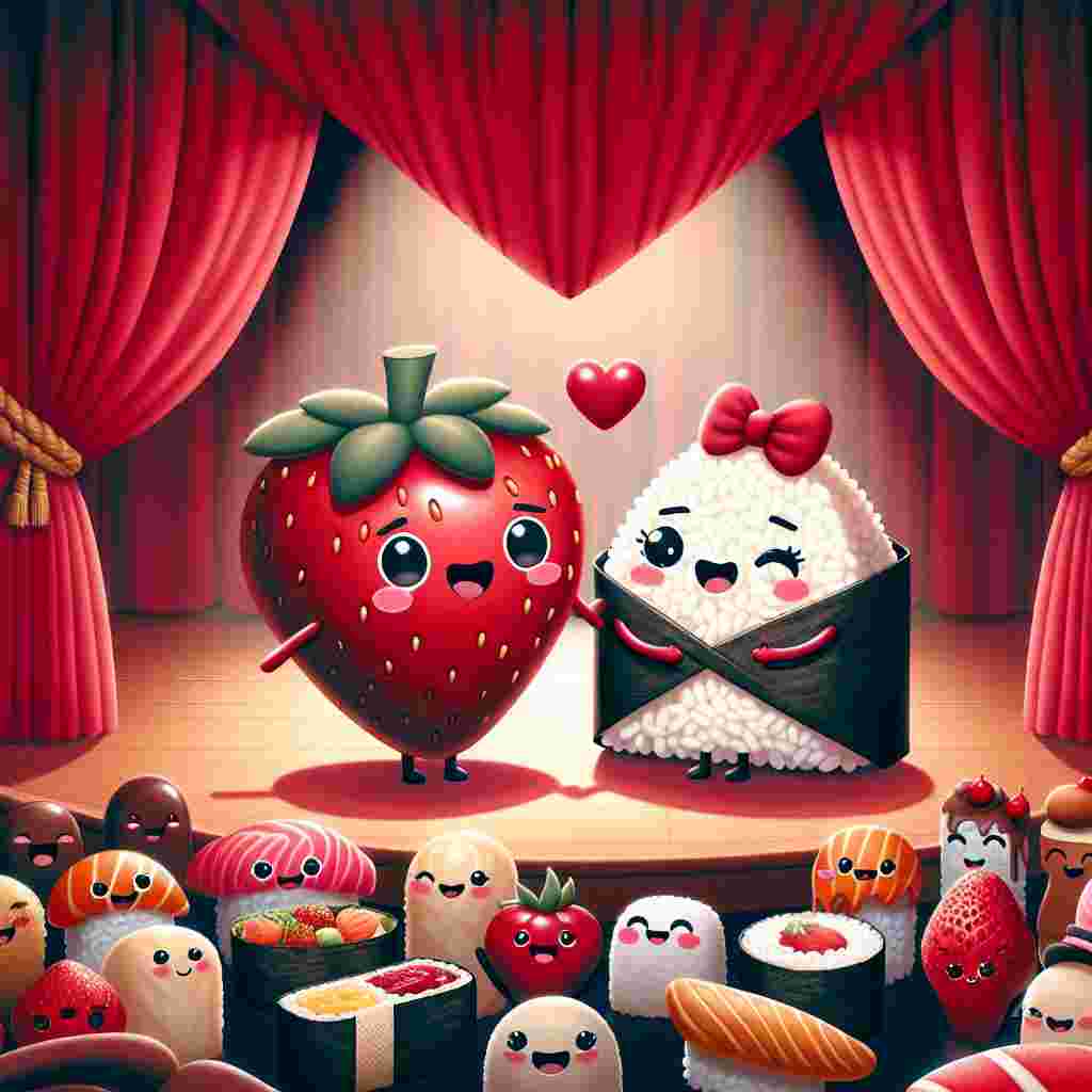 An image that illustrates a Valentine's Day scene featuring charming, kawaii-style food characters. Within a heart-shaped stage, set against a backdrop of a deep red curtain, a sympathetic chocolate-covered strawberry and an appealing onigiri rice ball stand in the center, their hands linked. Surrounding them, a welcoming crowd of diverse, grinning sushi pieces, and pastries are visible, their smiles curry a unique blend of support and encouragement. The atmosphere vibrates with the elements of whimsy and love, reflecting the energy of a drama group warming up for the celebration of love.
Generated with these themes: Kawaii food, and Drama club.
Made with ❤️ by AI.