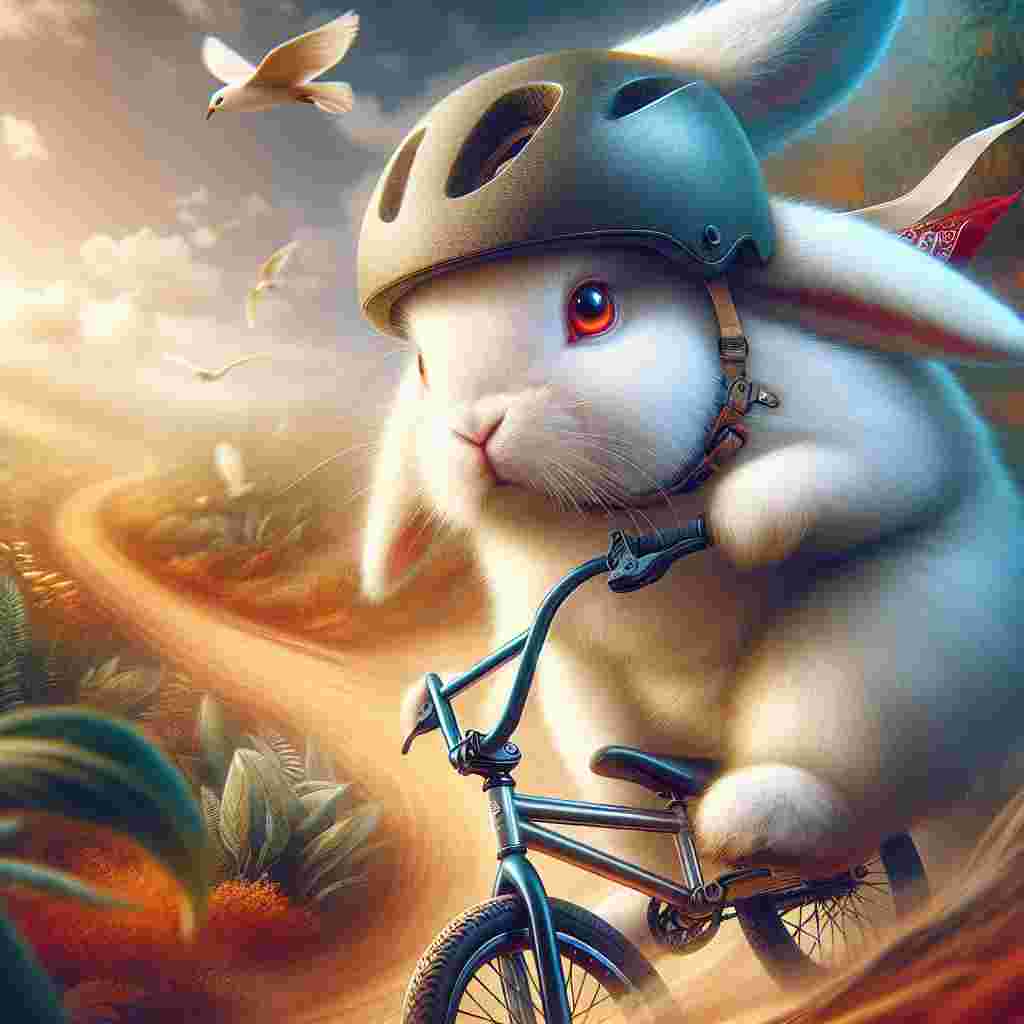 Create an image of an adventurous scene featuring a spirited white rabbit as the main character. The rabbit has a black nose and vivid red eyes, radiating with determination. It is not an ordinary day for this bunny, as it dons a resilient cycle helmet, symbolizing readiness for exciting undertakings. It is astride a trusty BMX bicycle representing courage to perform awe-inspiring exploits. The surreal representation of this scene captures the essence of victory and is an idyllic way to praise someone's recent accomplishments.
Generated with these themes: White rabbit with black nose and red eyes , Wearing cycle helmet, and On a bmx .
Made with ❤️ by AI.