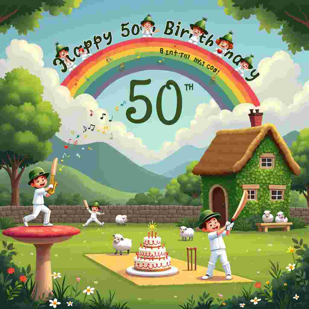 Picture this whimsical scene for Lynne's 50th birthday greeting card: 

The setting is a lush, green Irish meadow bordered by a quaint stone wall. A vibrant rainbow arches gracefully across the sky, its colors blending into the soft clouds above. Among the clouds, the phrase "Happy 50th Birthday, Lynne!" is playfully spelled out, with each letter formed by cheerful, animated choir members dressed in traditional Irish attire. They're singing with joyful expressions, their mouths open wide in song.

In the foreground, a lively cricket match is underway. The players, dressed in classic white cricket uniforms, are mid-action: one is bowling the ball while another swings the bat. The cricket field boundary ropes are adorned with colorful bunting that reads "50" repeatedly, adding to the festive atmosphere.

To the left, a saxophone-playing leprechaun stands atop a large, mushroom-shaped stage. The leprechaun is decked out in a snazzy green suit, complete with a bowler hat, and he's blowing animated musical notes that float into the air, mingling with the rainbow. The notes seem to dance and swirl around the scene, creating a whimsical tune you can almost hear.

Behind the cricket players, there's a picturesque, ivy-covered Irish cottage with a thatched roof. The door of the cottage is open, and a delightful aroma of freshly baked cake wafts out. Outside the door, a large cake stand holds a multi-tiered birthday cake with sparklers and the number "50" prominently displayed on top. The cake is decorated with small edible cricket bats, musical notes, and miniature saxophones, tying all the elements together.

In the background, grazing sheep wearing tiny party hats dot the meadow, adding an extra touch of charm. The sky is a vibrant blue, with the rainbow casting a magical glow over the entire scene.

This delightful, detailed scene is the perfect way to celebrate Lynne's milestone birthday, blending humor, festivity, and a touch of Irish magic!
Generated with these themes: 50th birthday, Choir , Cricket, Rainbow, Saxophone, and Ireland.
Made with ❤️ by AI.