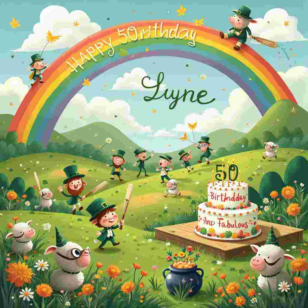 Sure, here’s a detailed description for the front cover of Lynne's 50th birthday greetings card:

---

The scene is set in a whimsical and vibrant meadow in Ireland, bursting with lush, green hills that undulate gently in the background. A giant, radiant rainbow arches across the sky, its colors vivid and shimmering. 

At the forefront of the scene, there's a quirky choir made up of various cartoon animals wearing little green bowler hats and shamrock pins, singing joyously. They're standing on a large wooden stage decorated with shamrocks and surrounded by clusters of bright, cheerful wildflowers. The conductor is a jovial sheep with tiny glasses perched on its nose, energetically waving a baton. 

Next to the choir, a cricket match is in full swing. The players are quirky cartoon characters, dressed in traditional cricket whites but with exaggeratedly oversized caps and gloves. One of the players, a mischievous leprechaun, is mid-swing with his bat, about to hit a cricket ball that is actually a giant birthday cake decorated with fifty candles. The cake has "Happy 50th Birthday, Lynne!" beautifully iced across its surface in vibrant colors.

Lynne's name appears again in the sky, written with fluffy, white clouds that seem to spell out "Lynne" in a playful, cursive font.

In the middle of the meadow, a grand birthday party is taking place. There’s a table laden with all sorts of delightful goodies: shamrock-shaped cookies, soda bread, and an assortment of colorful cupcakes. A jazz band of anthropomorphic animals, with a cool cat playing the saxophone, provides lively music. The saxophonist cat wears sunglasses and a snazzy green bow tie, playing a jazzy tune that seems to make the flowers dance.

Finally, there are cheerful leprechauns scattered throughout the scene, some holding tiny Irish flags and others tossing confetti into the air. One particularly cheeky leprechaun is perched on top of a giant birthday card that reads "50 and Fabulous, Lynne!" with an illustration of a pot of gold at the end of the rainbow.

The entire scene is full of life and vibrant colors, capturing the joy and whimsy of Lynne's milestone birthday, and intricately weaving together all the specified themes.

---
Generated with these themes: 50th birthday, Choir , Cricket, Rainbow, Saxophone, and Ireland.
Made with ❤️ by AI.