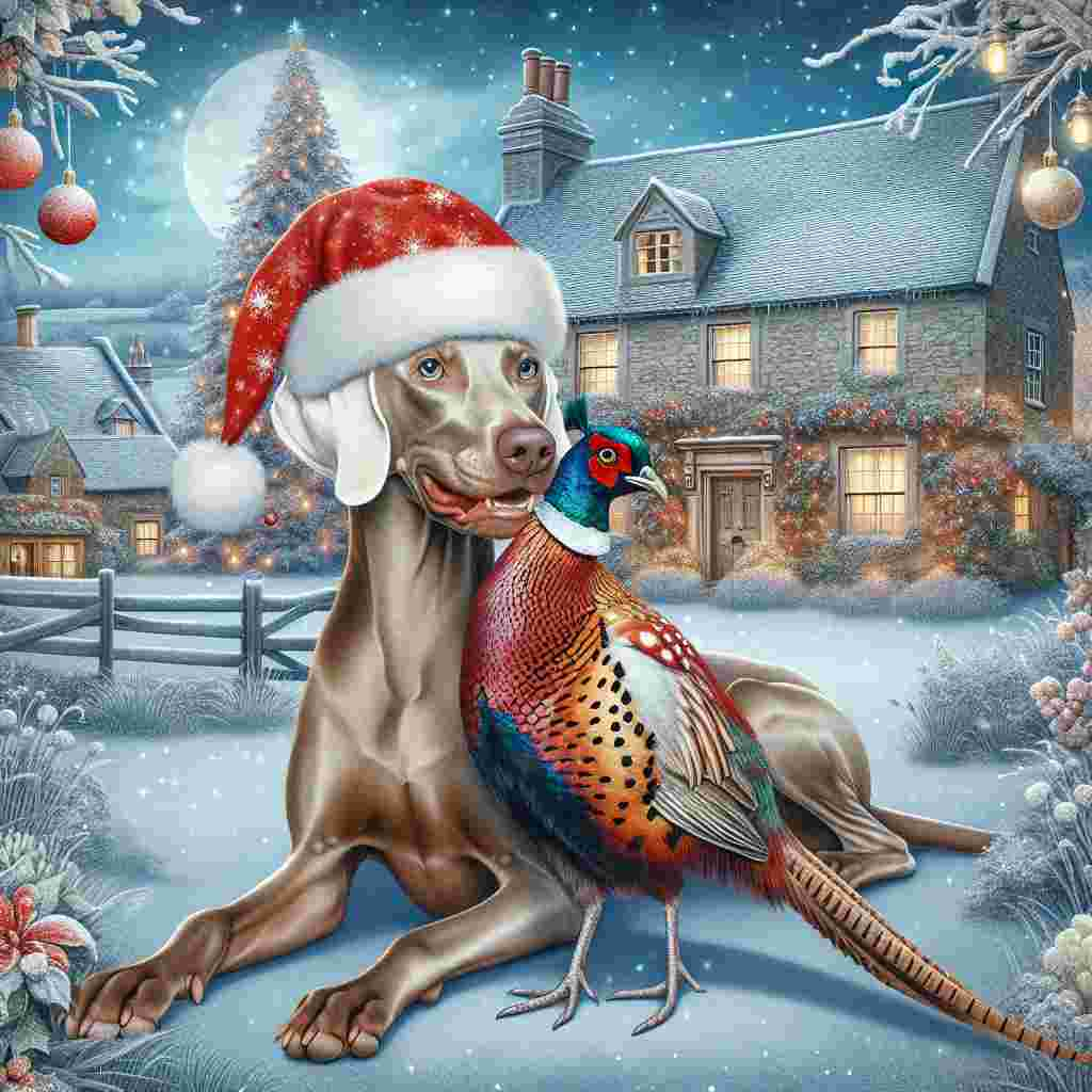 In this delightful Christmas-themed illustration, a sleek Weimaraner bitch is presented center stage, with a pheasant gently clutched in her mouth. They are both humorously sporting vibrant Christmas hats, introducing a cheerful contrast to the serene, frost-covered old English farm in the background. The farm's traditional architecture is enhanced by festive decorations and the gentle glow of yuletide illumination, weaving a tapestry of holiday spirit.
Generated with these themes: Weimaraner bitch with pheasant in Christmas hats on and old English farm .
Made with ❤️ by AI.