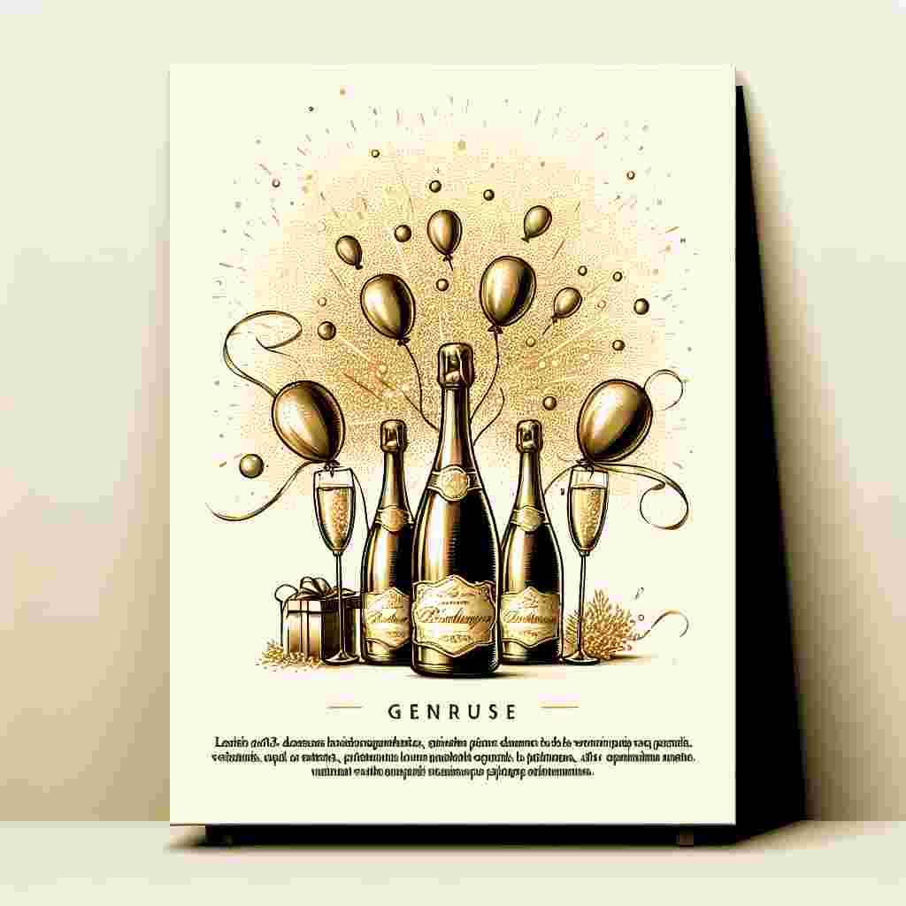 Generate a detailed vector design that illustrates a sophisticated birthday celebration. The main elements should be elegant gold champagne bottles that are depicted as if they are popping with excitement. This should be complemented by golden sparkles uniformly scattered throughout the image. The backdrop of this scene shall be a soft cream color which provides a luxurious platform for the remaining elements. Additional features should include text and balloons, all sketched with fine golden strokes to highlight the sense of opulence. These elements combined should bring a touch of luxury to the otherwise cheerful context.
Generated with these themes: Gold - champagne .
Made with ❤️ by AI.
