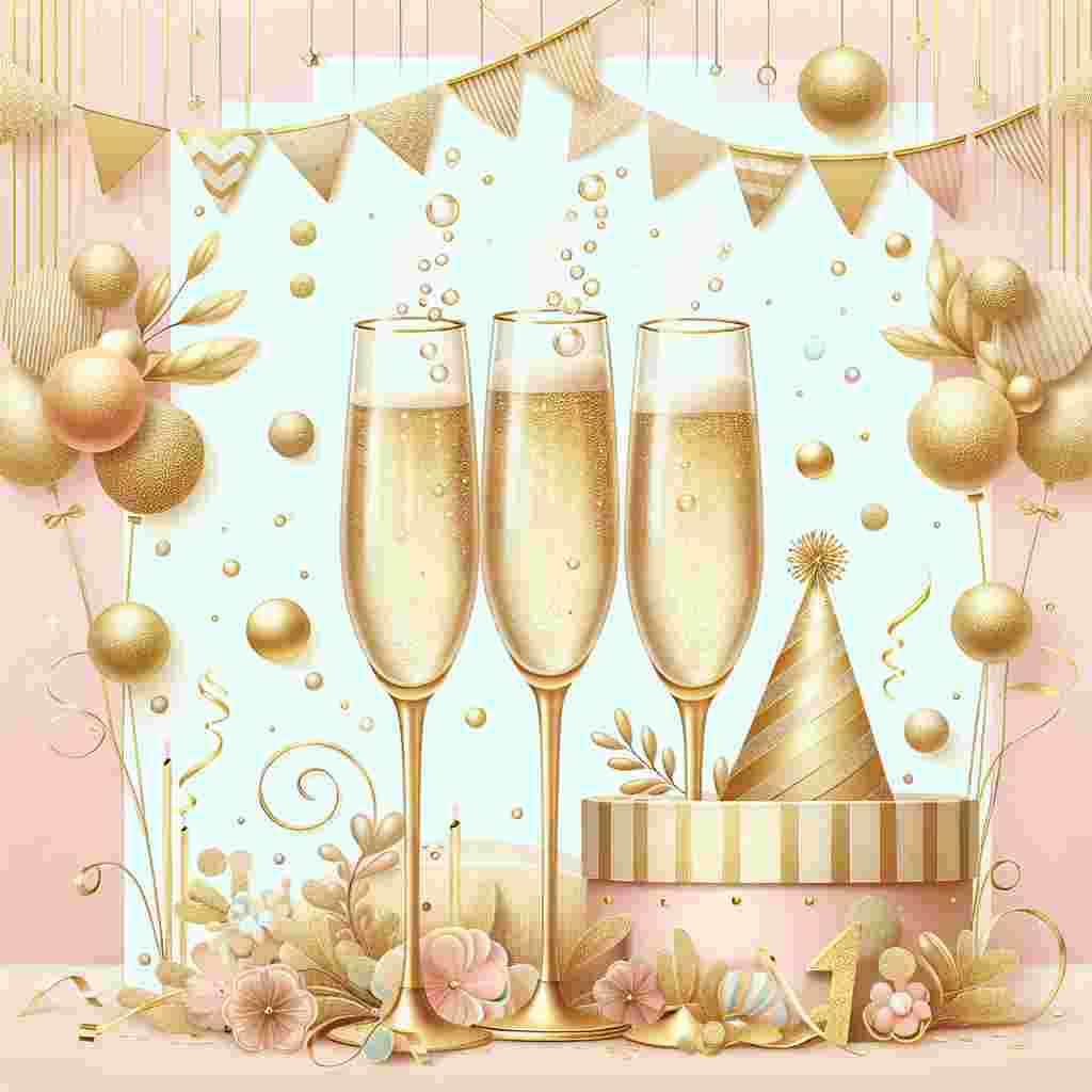 Generate a charming birthday-themed vector design featuring a palette of soft, pastel colors with a touch of shimmering gold. The scene depicts festive champagne glasses clinking in celebration, adorned with playful bubbles rising to the top. Gold accents embellish delicate banners and the edges of party hats in pastel colors. A subtle confetti made from golden circles fills the backdrop, creating a joyful and celebratory ambiance. The overall aesthetics should portray a sensation of elegant celebration with an attention to delicate, gold details.
Generated with these themes: Gold - champagne .
Made with ❤️ by AI.