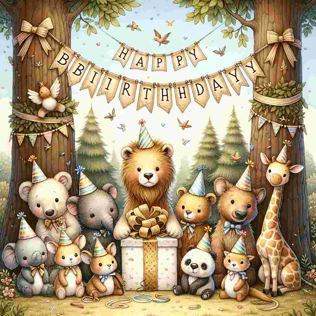 An endearing scene with a cluster of cute animals wearing party hats, gathered around a sizable gift with the message 'Happy Belated' playfully written on the tag. Above them, 'Happy Birthday' is etched into a banner draped between two trees.
Generated with these themes: happy belated .
Made with ❤️ by AI.