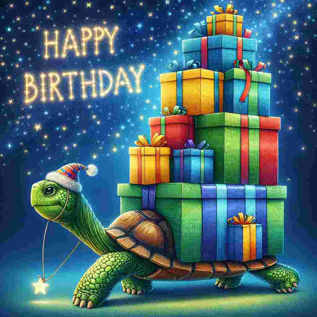 A whimsical drawing of a cartoon turtle carrying a stack of colorful presents on its back, with 'Happy Belated' etched on the top box's ribbon. Overhead, stars twinkle in the shape of 'Happy Birthday,' giving a magical night-time ambiance.
Generated with these themes: happy belated .
Made with ❤️ by AI.