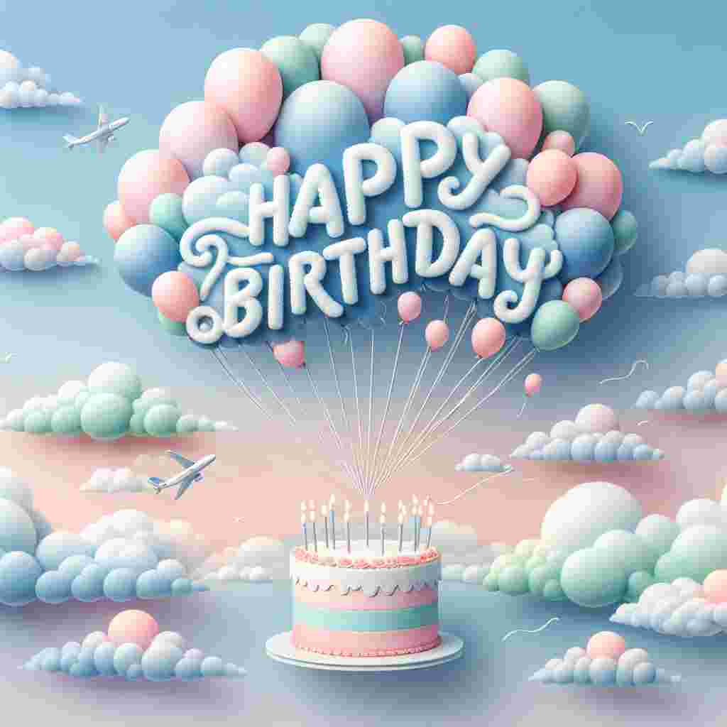 A charming illustration featuring an array of pastel balloons lifting a whimsical birthday cake into the sky, with 'Happy Belated Birthday' frosted on the top layer. Fluffy clouds form the text 'Happy Birthday,' blending into the serene backdrop.
Generated with these themes: happy belated .
Made with ❤️ by AI.