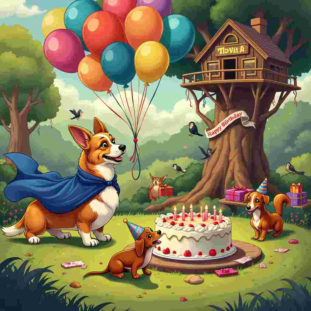 Picture a bustling, vibrant park bathed in warm, golden sunlight. A quirky cast of characters is having a raucous birthday party that’s a mashup of whimsy and cartoonish charm. Front and center, there's a comically regal corgi, donned in a tiny, sparkling crown and a royal blue cape that's just a bit too long, so it drags adorably behind him. The corgi stands proudly atop a lush green hillock, like a little monarch surveying his birthday kingdom.

To the left of the corgi, there’s a big, goofy Great Dane with a goofy expression, eyes wide in playful bewilderment, as a flock of colorful balloons tied to his collar lifts his paws slightly off the ground. His long legs dangle, and his oversized ears flap comically as he floats just above the ground.

To the right of the corgi, there’s a tiny, scrappy Dachshund puppy, who’s wearing a party hat that’s much too large, causing it to tilt humorously over one eye. This little dog is enthusiastically digging into a huge, cartoonishly exaggerated birthday cake shaped like a giant bone, with frosting splattering all around. Bits of cake and frosting have already found their way to the puppy's nose and paws.

In the background, a whimsically detailed park is alive with fun. A towering, twisted tree, reminiscent of the imaginative landscapes in Winsor McCay's Little Nemo, has a treehouse decked out with streamers and banners that read “Happy Birthday!” in big, bold, comic-style letters. A nearby picnic table overflows with wrapped presents in vibrant colors, each tagged with paw prints.

Peppered throughout the scene are other playful elements: a pair of squirrels in party hats bicker over a nut, a cat lounges in the sun with a slice of cake, and a group of birds above holds a banner trailing in the breeze that reads, “Have a Pawsome Day!” 

Finally, in the foreground, a classic red Radio Flyer wagon loaded with party supplies like party blowers, hats, and confetti, adds a touch of nostalgic charm, while an ant parade carries crumbs from the cake, reminiscent of the detailed animal antics found in Gary Larson’s Far Side.

This charming, comedic scene captures the playful spirit of a doggie birthday party, with each element bursting with detail and personality, bringing the themes of the corgi, little dog, and big dog to life in a uniquely whimsical way.
Generated with these themes: corgi dog, little dog and big dog.
Made with ❤️ by AI.