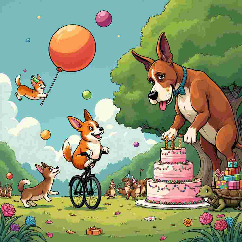 The scene is set in a whimsical, colorful park that merges a vintage, comic strip vibe with modern, playful elements. Imagine a sprawling grassy area dotted with cartoonish, oversized flowers and trees that have faces, reminiscent of the imaginative landscapes from Winsor McCay’s "Little Nemo in Slumberland."

In the foreground, we have a large corgi dog, a little dog, and a big dog engaged in a hilariously chaotic birthday celebration. The corgi, with its characteristic short legs and adorable rounded body, is balancing on a unicycle, juggling brightly colored balls that seem to hover comically above its head, an homage to the playful humor of Gary Larson's "The Far Side." The corgi wears a tiny birthday hat that’s slightly askew, and its tongue is flopped out in sheer joy.

To the left of the corgi, the little dog, a scrappy and energetic terrier, is leaping high into the air, attempting to catch a gigantic, bouncy balloon that’s twice its size. The balloon is tied with an exaggeratedly large ribbon and features a smiling cartoon face, adding a touch of Bill Watterson’s "Calvin and Hobbes" whimsy.

On the right, the big dog, a towering Great Dane with a goofy expression, is attempting to light the candles on an enormous, three-tiered birthday cake. The cake is vibrantly decorated with sprinkles and icing swirls, reminiscent of a festive scene in a Disney cartoon. The Great Dane’s paw is comically oversized, and it holds a tiny matchstick with exaggerated care, illustrating a moment of clumsy delicacy.

In the background, you can see other park-goers: a family of ducks in a row wearing birthday hats, a group of squirrels playing a small band with makeshift instruments, and a turtle slowly pulling a wagon filled with presents wrapped in colorful paper, each with a big, exaggerated bow, a nod to the detailed narrative style of Hergé’s "Tintin."

Above the scene, a banner strung between two trees reads "Happy Birthday!" in playful, hand-drawn letters, with tiny stars and confetti drawn around it, capturing the celebratory essence in a comic strip-like format.

The overall composition is busy yet organized, with each element contributing to the story of an uproarious and delightful birthday celebration that merges the quirky creativity of R. Crumb’s underground comix with the heartwarming charm of Charles Schulz’s "Peanuts."
Generated with these themes: corgi dog, little dog and big dog.
Made with ❤️ by AI.