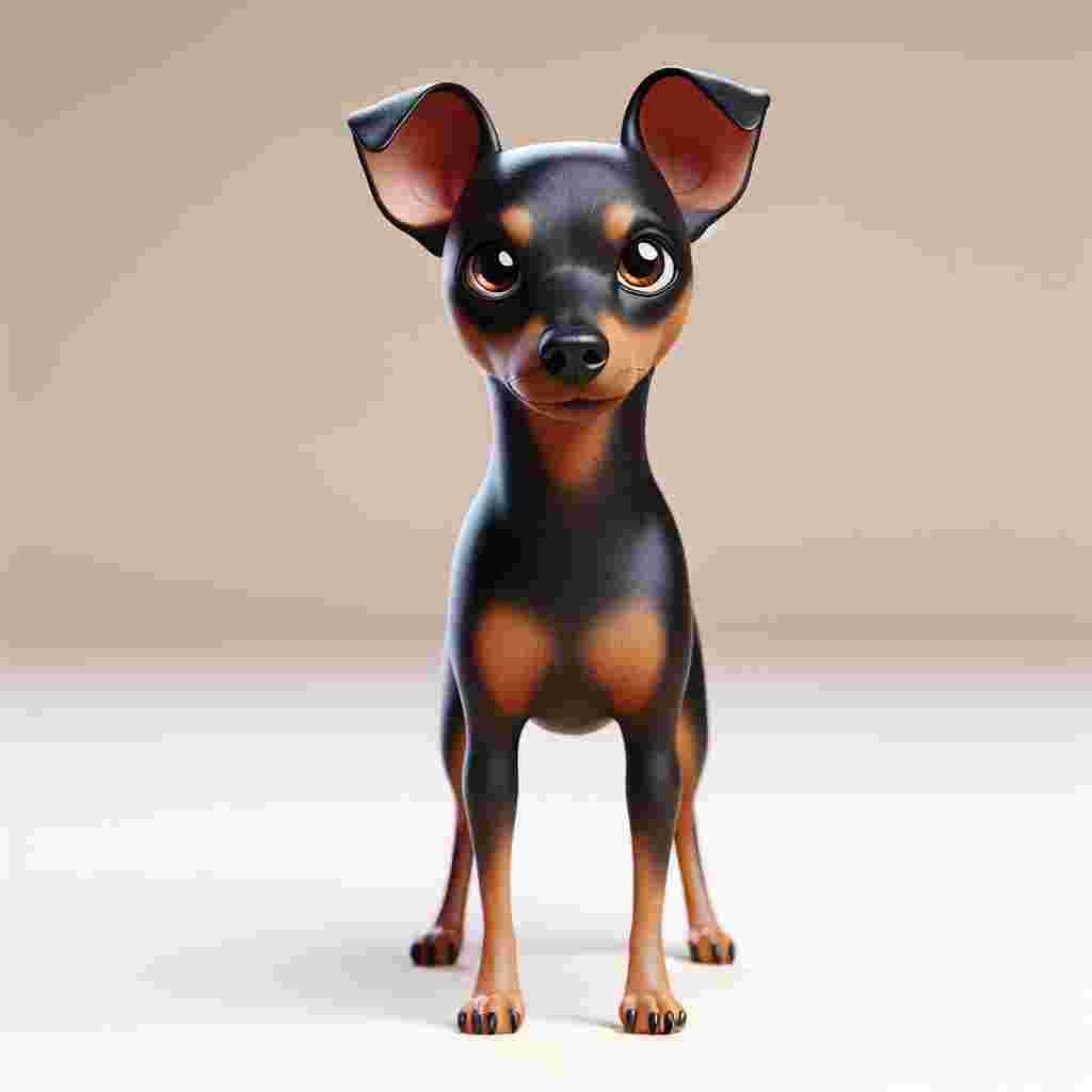 Create an animated, detailed image of an Adult Miniature Pinscher dog. It should have a sleek black and tan coat and be positioned in a stance that exudes attentiveness. Its brown eyes should reflect both intelligence and mischief. The surroundings are ambiguous but should imbue a sense of whimsy and playfulness to enhance the overall cuteness of the scene.
.
Made with ❤️ by AI.