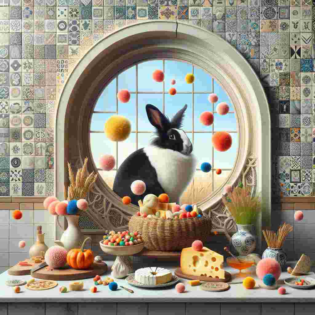 Create a surreal illustration to express gratitude. At the center of the image, there should be a black and white Dutch rabbit, situated within an elegantly designed arch window that beautifully frames the scene. Around the rabbit, there should be a variety of colorful pom poms floating around, disregarding gravity, thereby adding a touch of playfulness to the image. The backdrop should display an abstract montage of bathroom tiles, each embodying whimsical patterns and symbols that are representative of giving thanks. In the foreground, there should be a delightfully arranged selection of cheese and herbs that are exhibited in a still-life composition, evoking the sense of a feast prepared in gratitude for the viewer's kindness.
Generated with these themes: Black and white Dutch rabbit, Colourful pom poms, Bathroom tiles, Arch window , Cheese , and Herbs.
Made with ❤️ by AI.