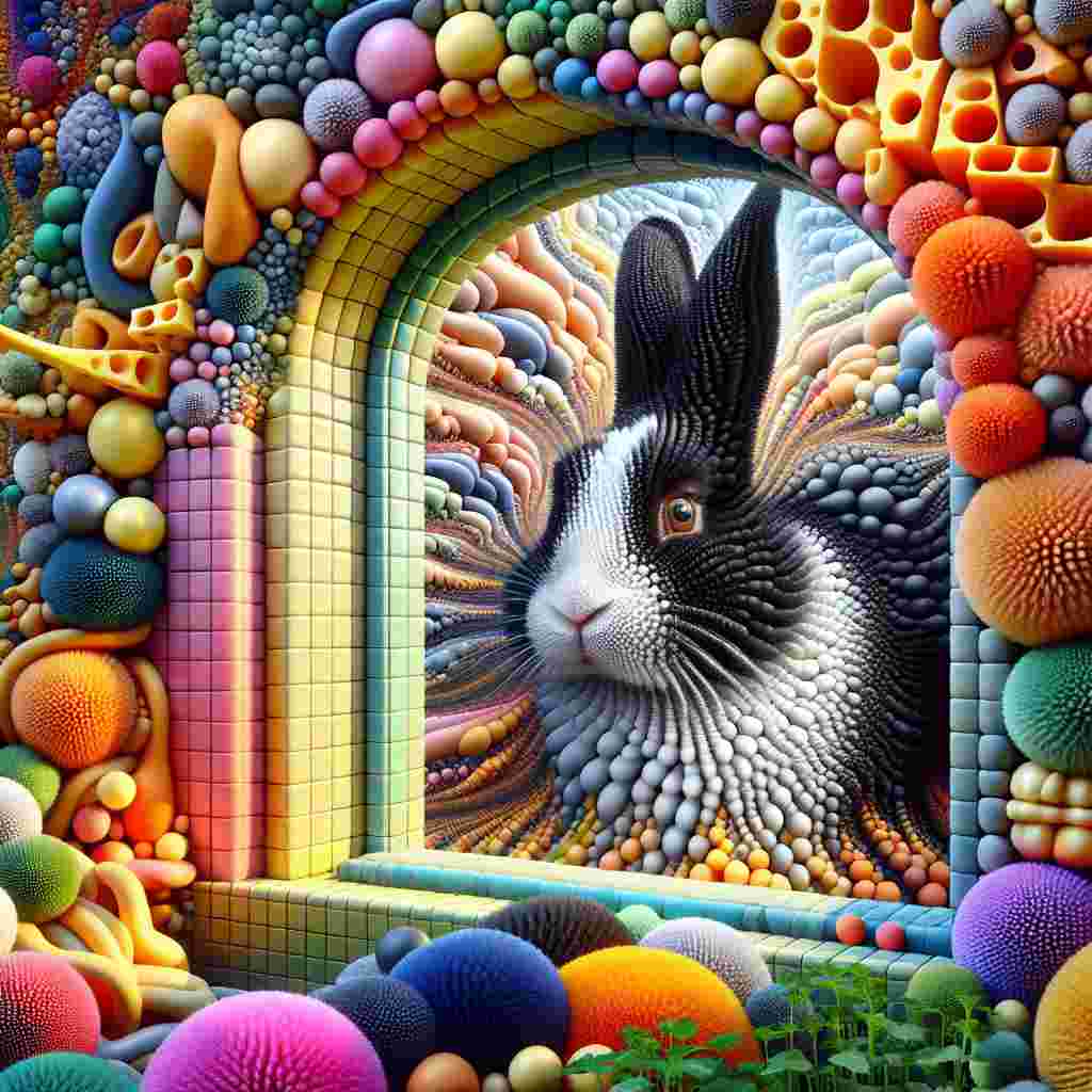 Visualize a whimsical black and white Dutch rabbit amid a vibrant collection of multicolored pom poms in a highly surreal composition designed to evoke gratitude. The rabbit is seen peering out through an arched window, which overlooks a world where every bathroom tile carries the motif of gratitude, tessellating to infinity. Abstract and uncanny formations reminiscent of cheese rise like peculiar architectures in this dreamlike landscape. Herbs appear to grow in unlikely directions, further emphasizing the over-arching theme of appreciation in this fantastic creation.
Generated with these themes: Black and white Dutch rabbit, Colourful pom poms, Bathroom tiles, Arch window , Cheese , and Herbs.
Made with ❤️ by AI.