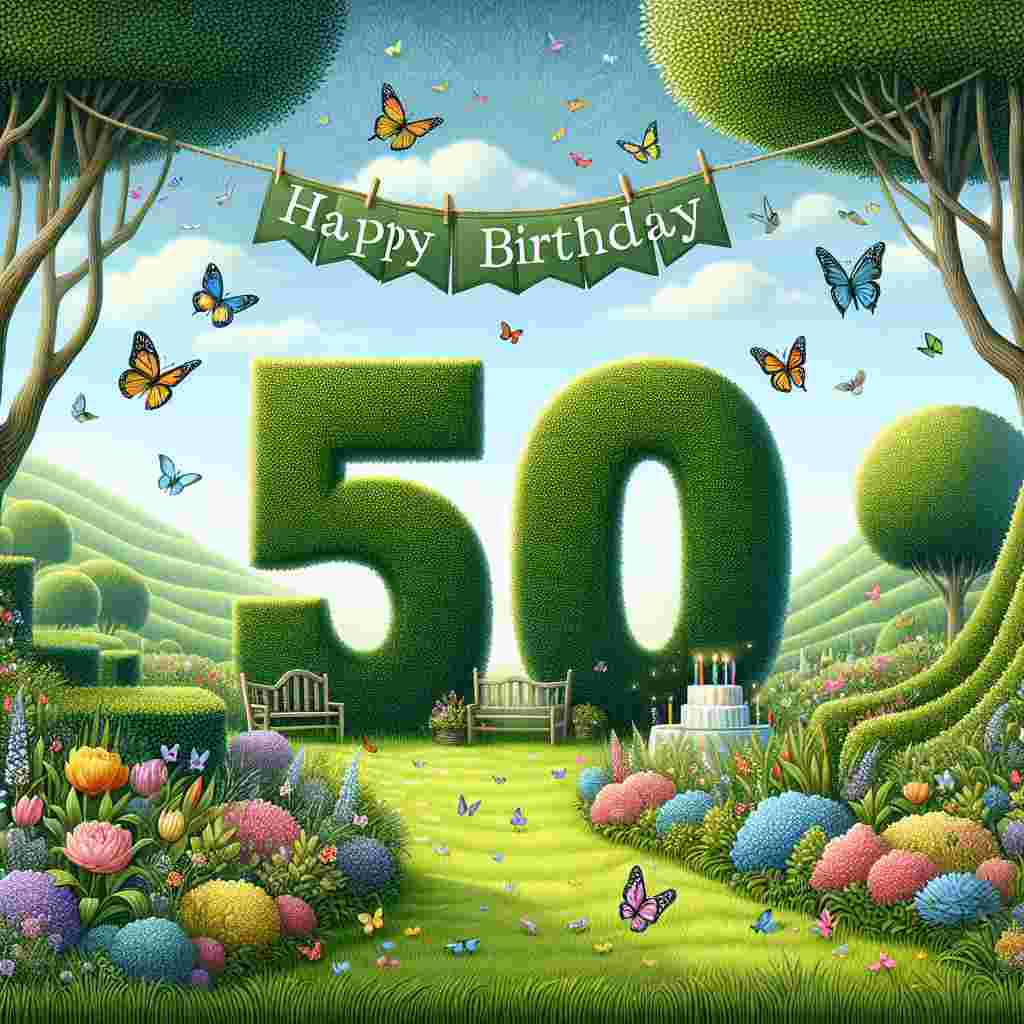 A delightful image showcasing a serene garden party scene, where the number '50th' is integrated into the landscape, shaped by a hedge. Fluttering butterflies and flowers surround it. The greeting 'Happy Birthday' is included in the scenery on a banner strung between two trees, with birds perched on it.
Generated with these themes: 50th  .
Made with ❤️ by AI.
