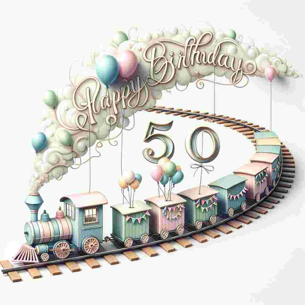 An adorable depiction with a vintage touch, featuring a pastel-colored toy train that chugs along a track spelling out '50th'. Each train car carries a different party element, with banners and balloons hanging from them. The steam rising from the train forms the cursive letters of 'Happy Birthday' in the sky above.
Generated with these themes: 50th  .
Made with ❤️ by AI.