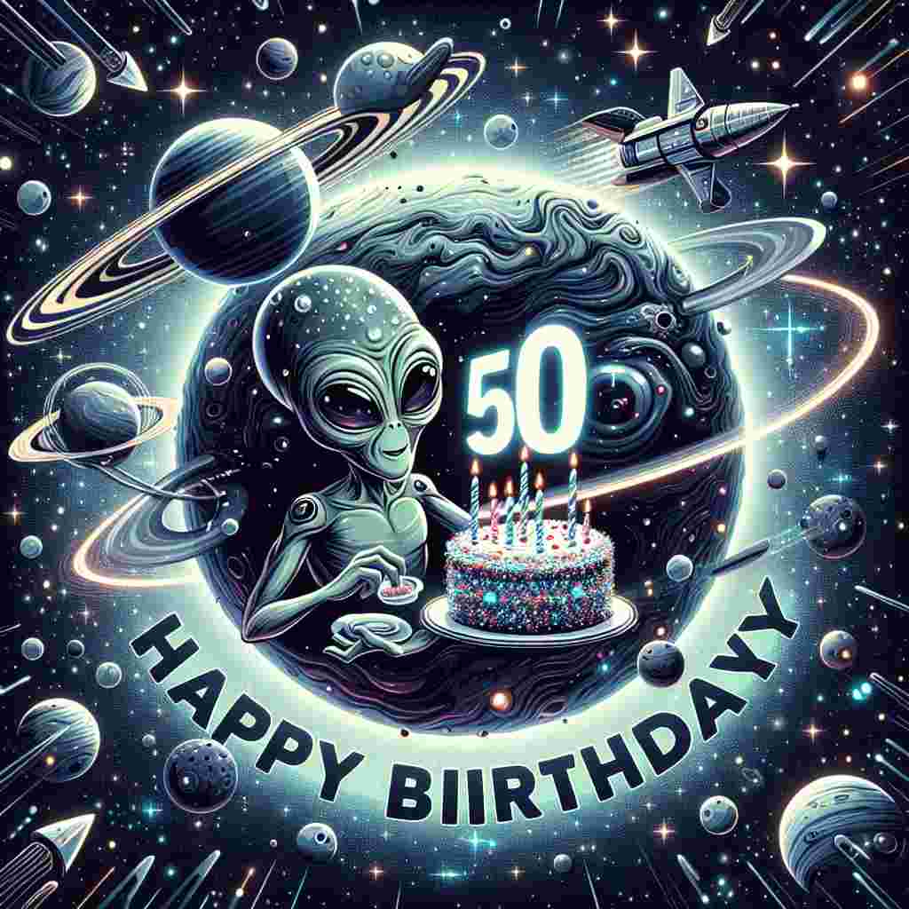 An endearing illustration set in outer space, where the number '50th' is displayed on a planet surrounded by stars and rocket ships. A friendly alien holds a slice of cosmic cake, while the phrase 'Happy Birthday' orbits the planet like a ring, giving the image a futuristic birthday feel.
Generated with these themes: 50th  .
Made with ❤️ by AI.