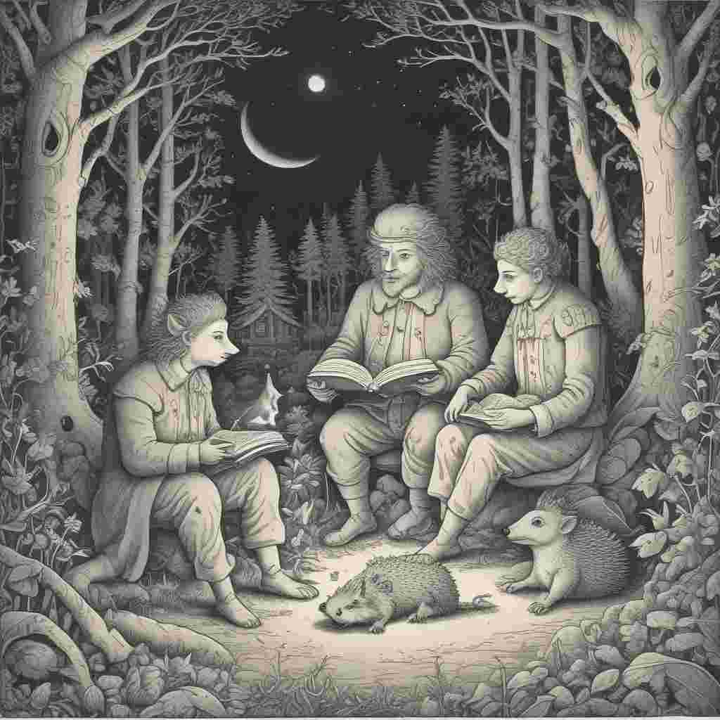 Illustration Surreal, In a mystical glade bathed in the gentle light of a moonlit fire, a group of figures forms a peaceful Father's Day tribute. At the very front, a hedgehog, garbed in a soldier's costume of remarkable detail, peruses a book it carries in its minuscule hands. Adjacent to it, a Caucasian woman with shoulder-length brown hair sits in deep thought, her gaze mirroring the fire's dance. Nearby, a Hispanic little girl, her expression a mix of joy and wonderment, holds a pristine white rabbit. This exchange infuses the scene with a hint of purity. Collectively, they embody the spirit of fatherly warmth and guidance in the absence of a visible paternal figure.
Generated with these themes: Hedge hog dresssed as soldier reading, Lady with brown medium length hair, Young girl holding a white rabbit, and Sat around a fire.
Made with ❤️ by AI.