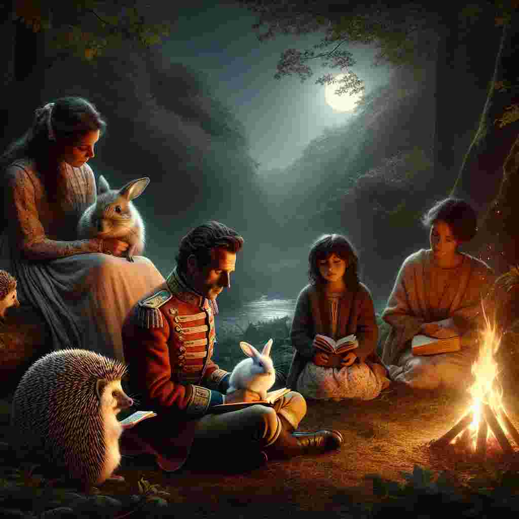 In a mystical glade bathed in the gentle light of a moonlit fire, a group of figures forms a peaceful Father's Day tribute. At the very front, a hedgehog, garbed in a soldier's costume of remarkable detail, peruses a book it carries in its minuscule hands. Adjacent to it, a Caucasian woman with shoulder-length brown hair sits in deep thought, her gaze mirroring the fire's dance. Nearby, a Hispanic little girl, her expression a mix of joy and wonderment, holds a pristine white rabbit. This exchange infuses the scene with a hint of purity. Collectively, they embody the spirit of fatherly warmth and guidance in the absence of a visible paternal figure.
Generated with these themes: Hedge hog dresssed as soldier reading, Lady with brown medium length hair, Young girl holding a white rabbit, and Sat around a fire.
Made with ❤️ by AI.