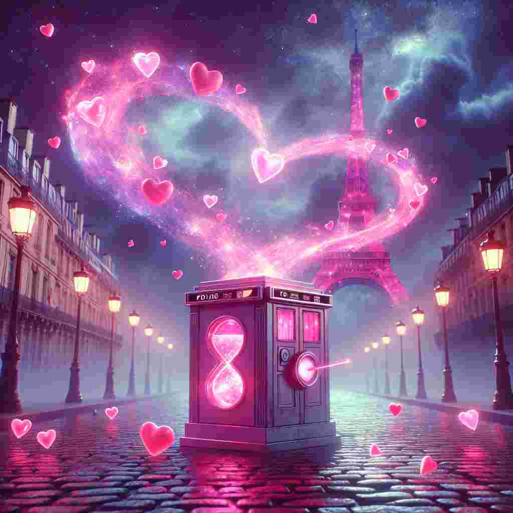A dreamy and vibrant surreal Valentine's scene takes place with a unique rectangular, pink time-traveling machine appearing on the cobblestone streets of Paris. The atmosphere, encapsulating the essence of love, experiences an extraordinary cosmic infusion as hearts dance eloquently around the boxy machine. These hearts emit a mysterious, ethereal light that contrasts beautifully against the silhouette of the Eiffel Tower, which in a whimsical twist, finds itself wrapped delightfully in a swirling ribbon of rosy hues.
Generated with these themes: Doctor Who, Pink Tardis, and Paris.
Made with ❤️ by AI.